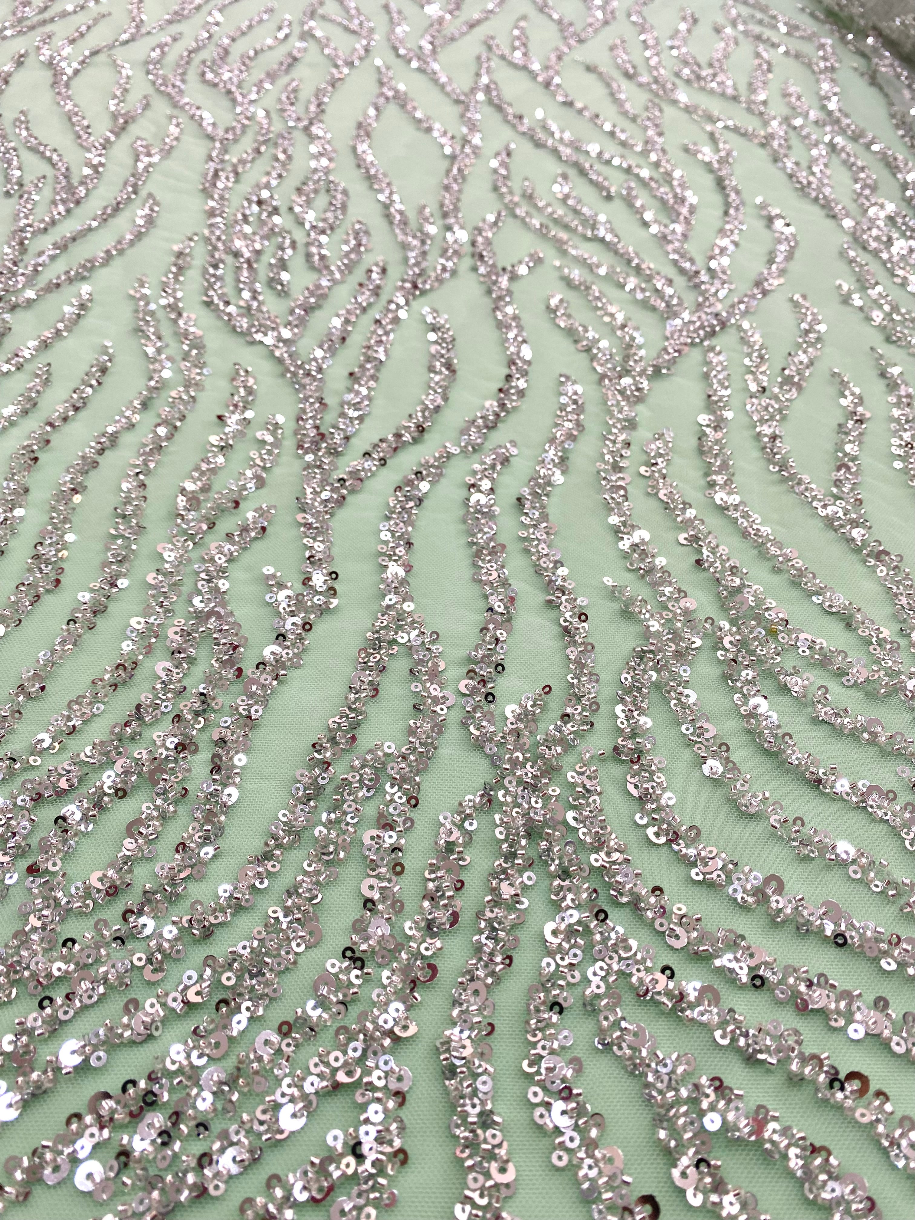 Silver Couture Lace on Mint Green Tulle with Strings, Beads and Sequins