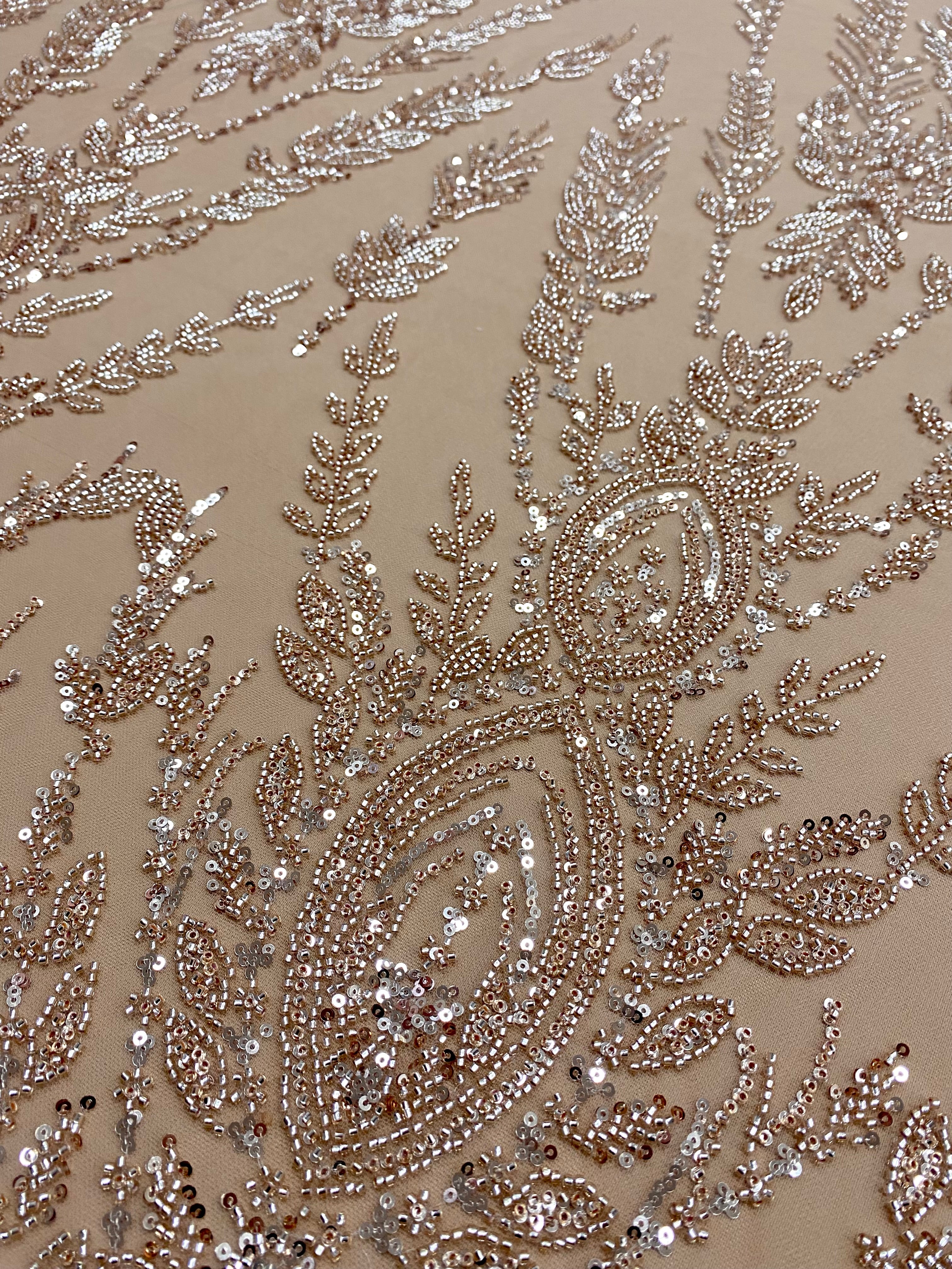 Rose Gold Couture Lace with Symmetrical Pattern, with Beads and Sequins 