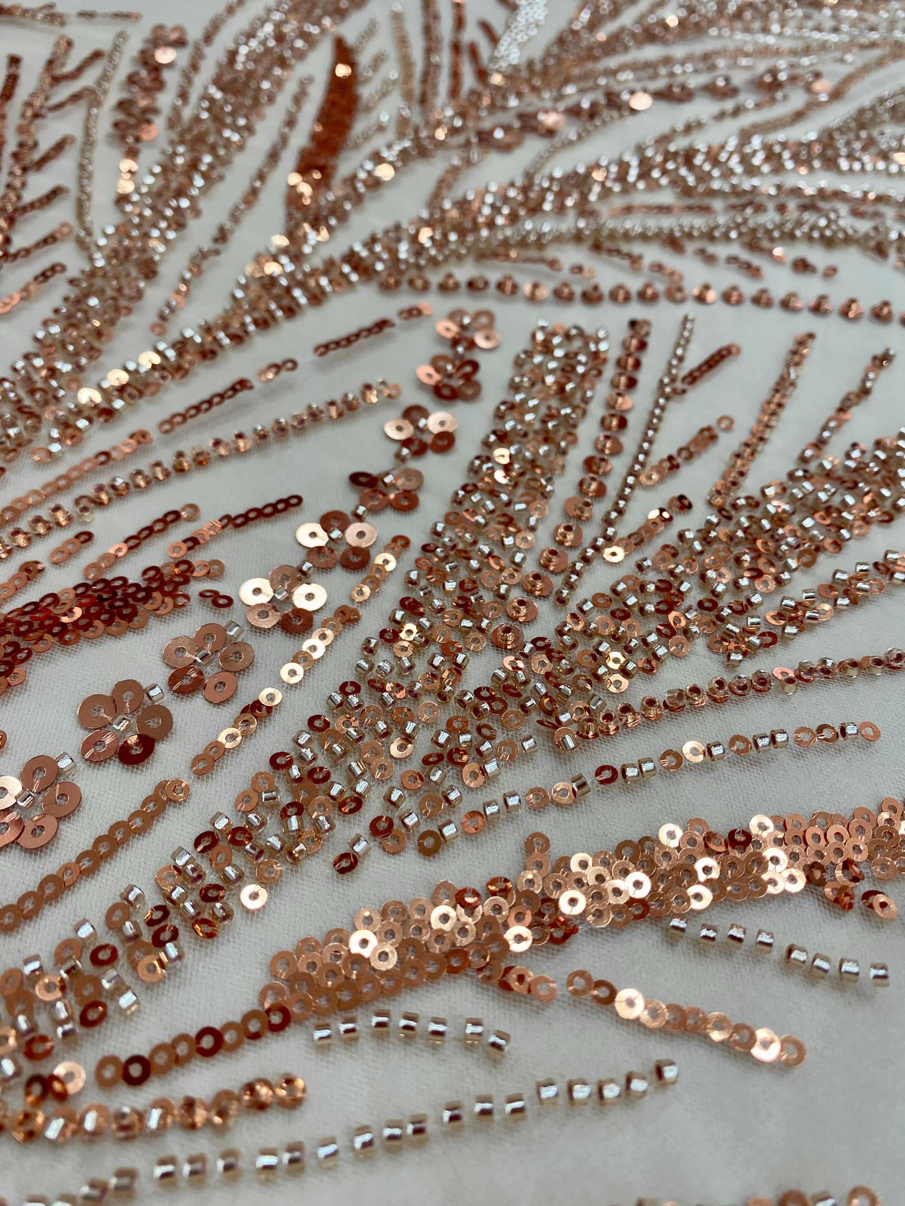 Rose Gold Couture Lace with Linear Pattern, Beads and Sequins