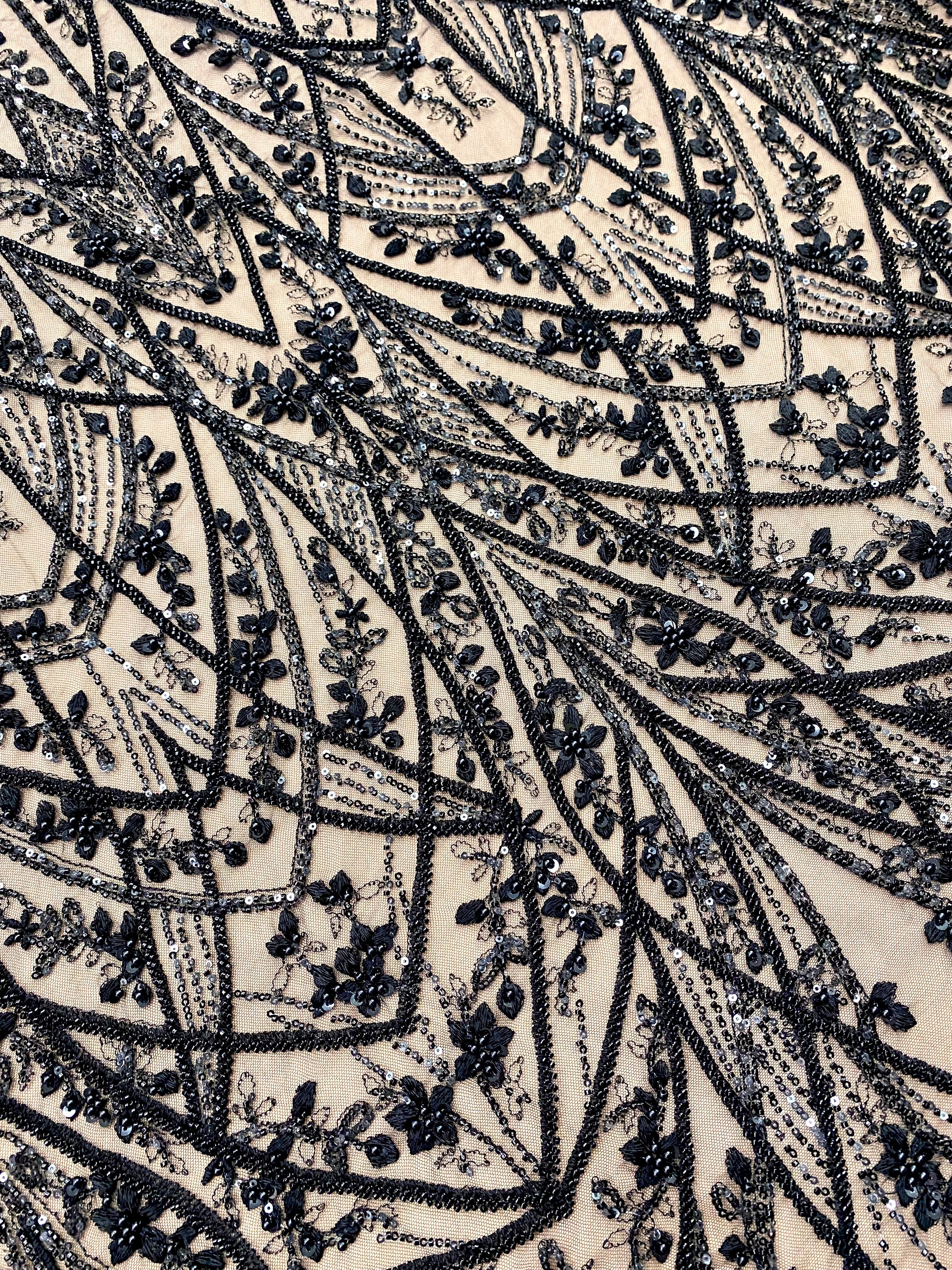 Black Couture Lace with Geometric Pattern, with Pearls, Beads and Sequins