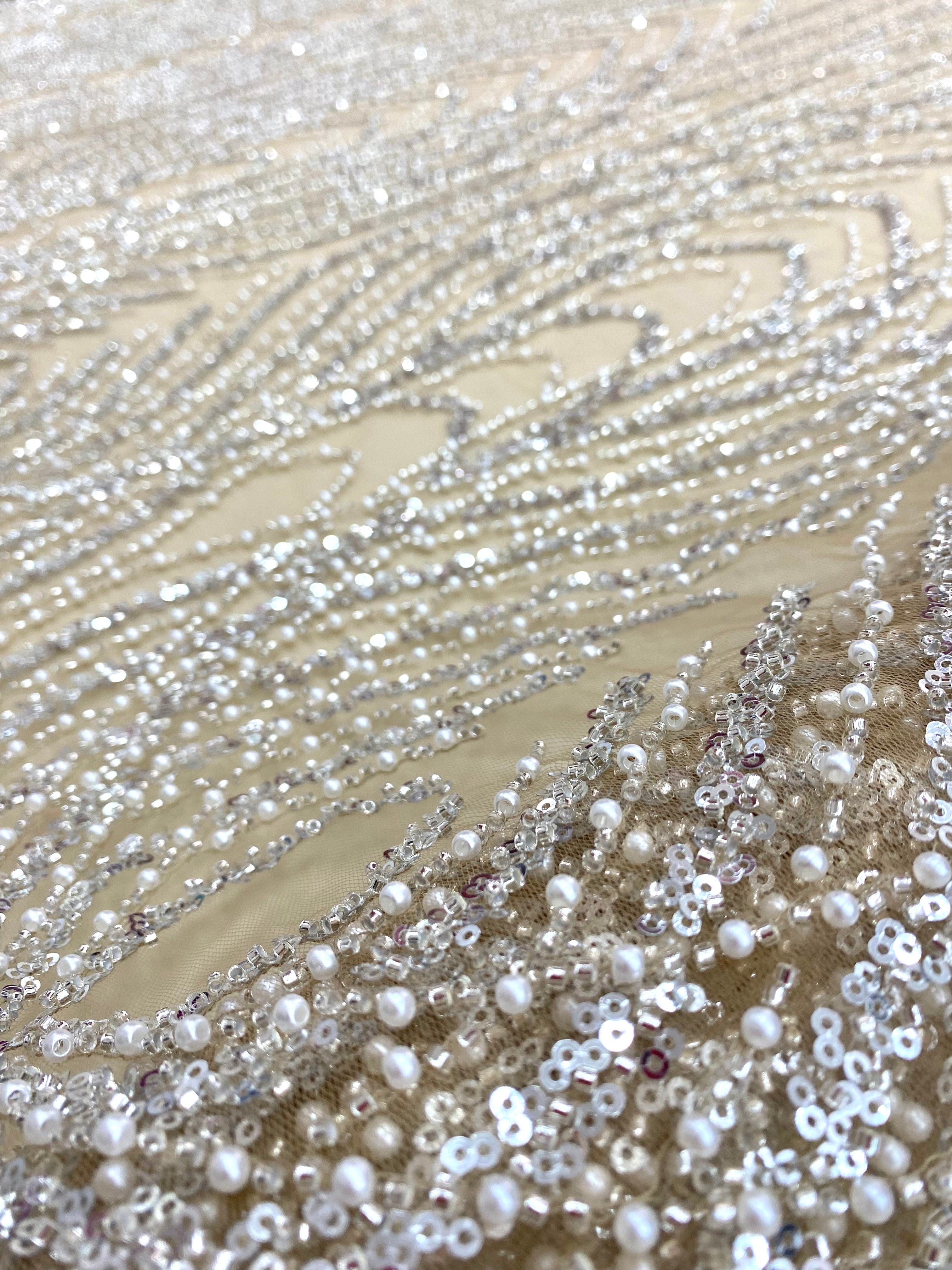 Silver Couture Lace on Nude Tulle with Panel, with Pearls, Beads and Sequins