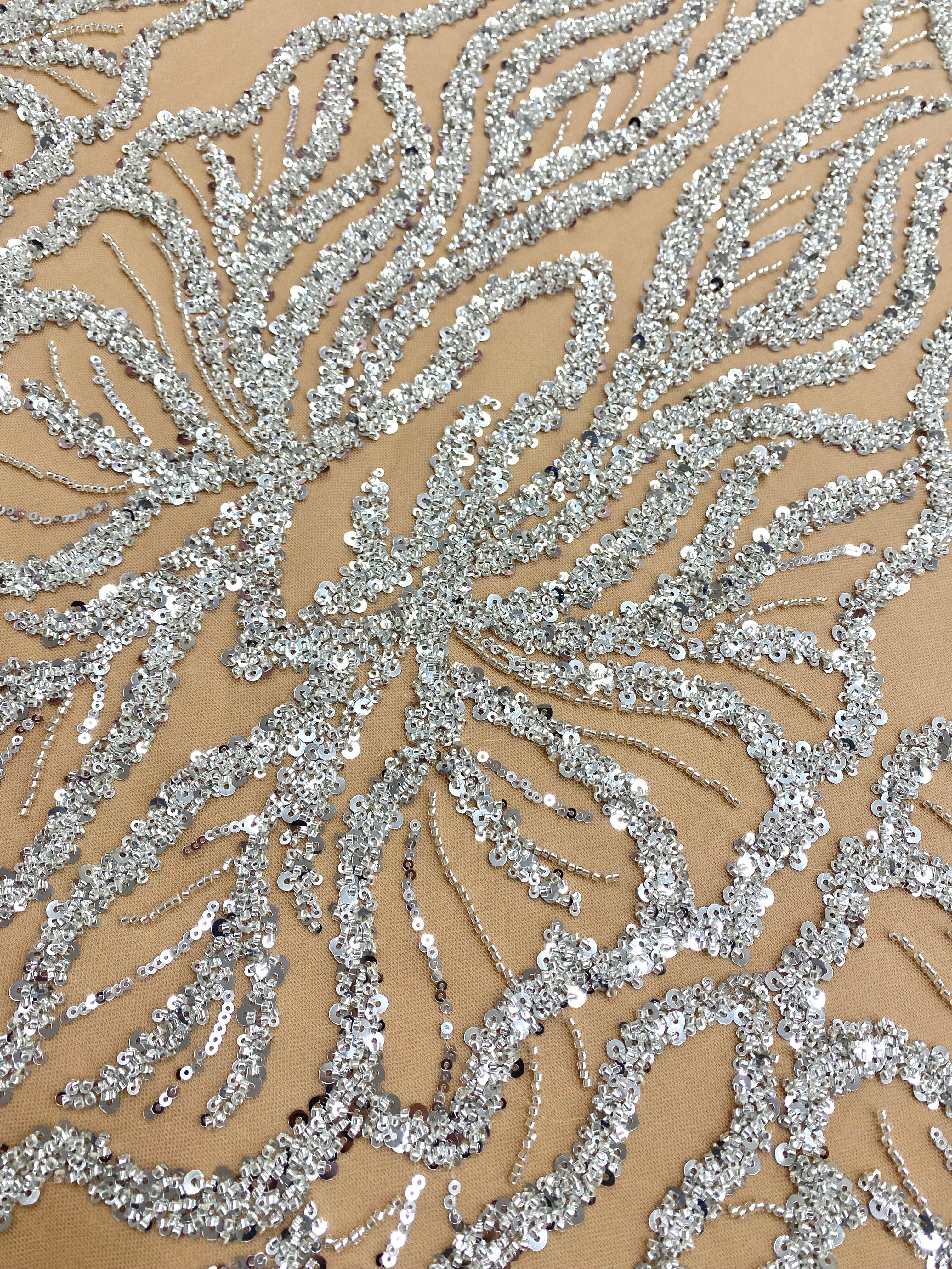 Silver Couture Lace on Nude Tulle with Panel, Beading and Sequins