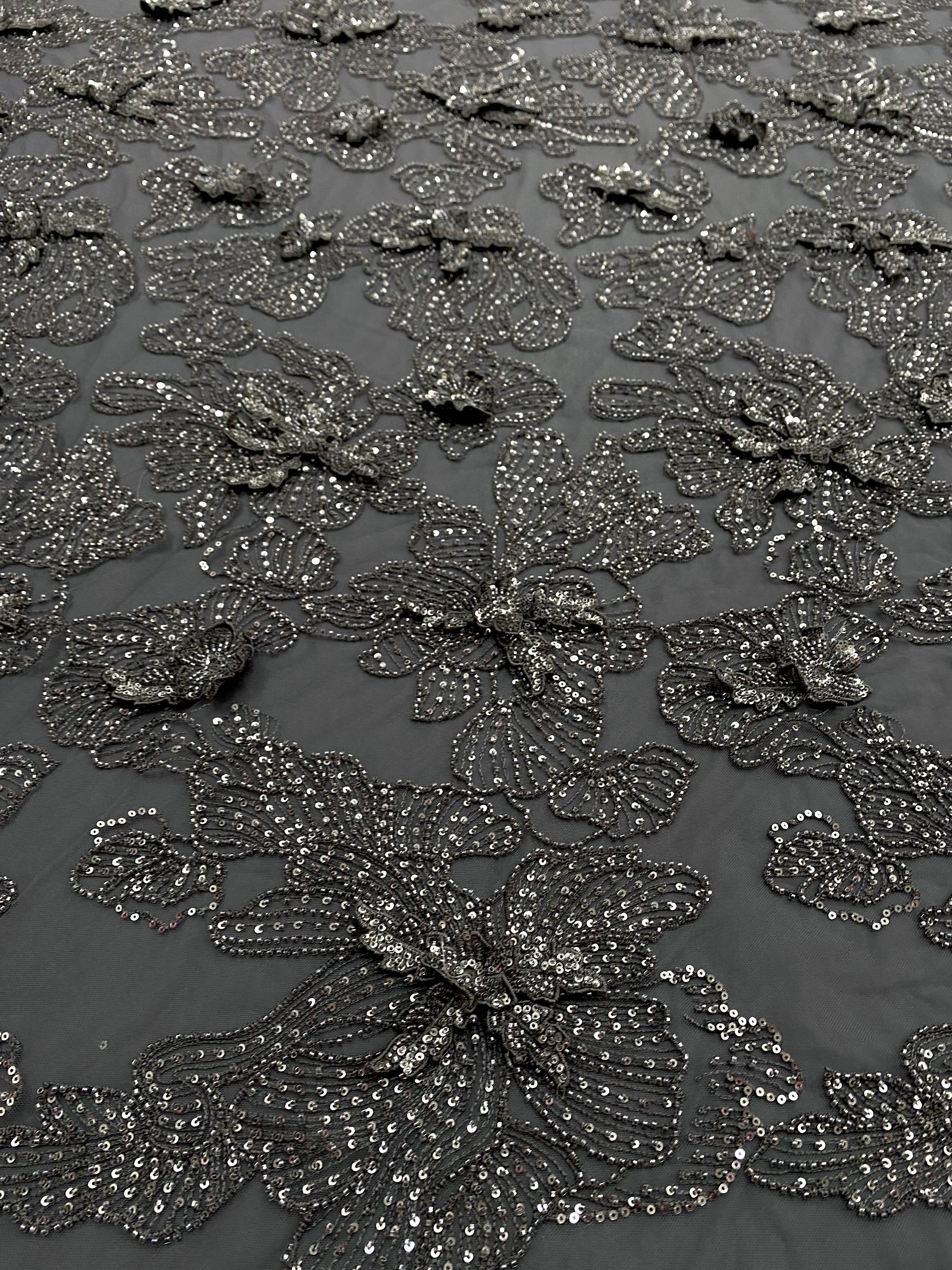 Silver Lace with Linear Pattern, with Pearls and Sequins