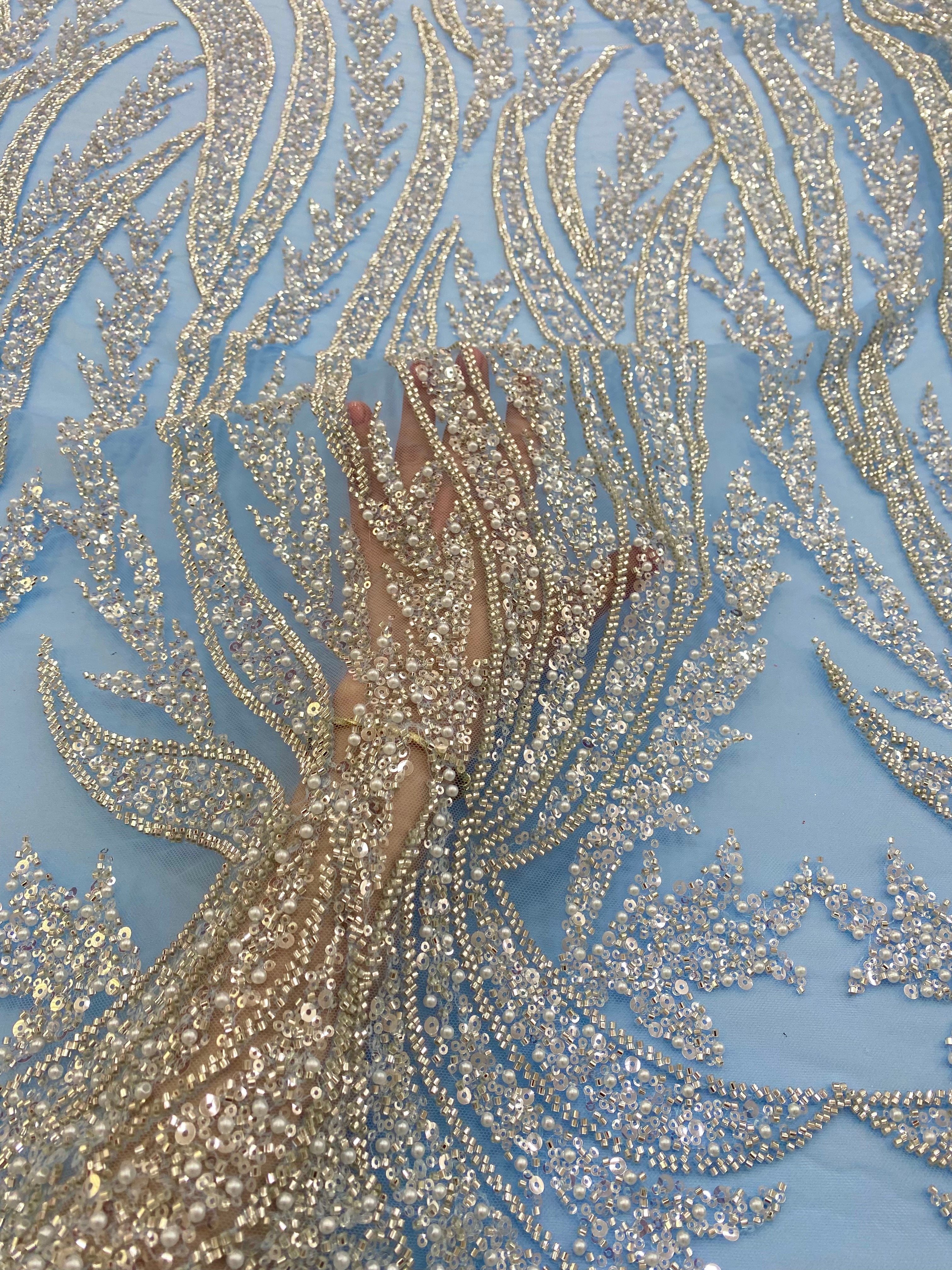 Silver Couture Lace on Blue Tulle with Panel, with Pearls, Beads and Sequins