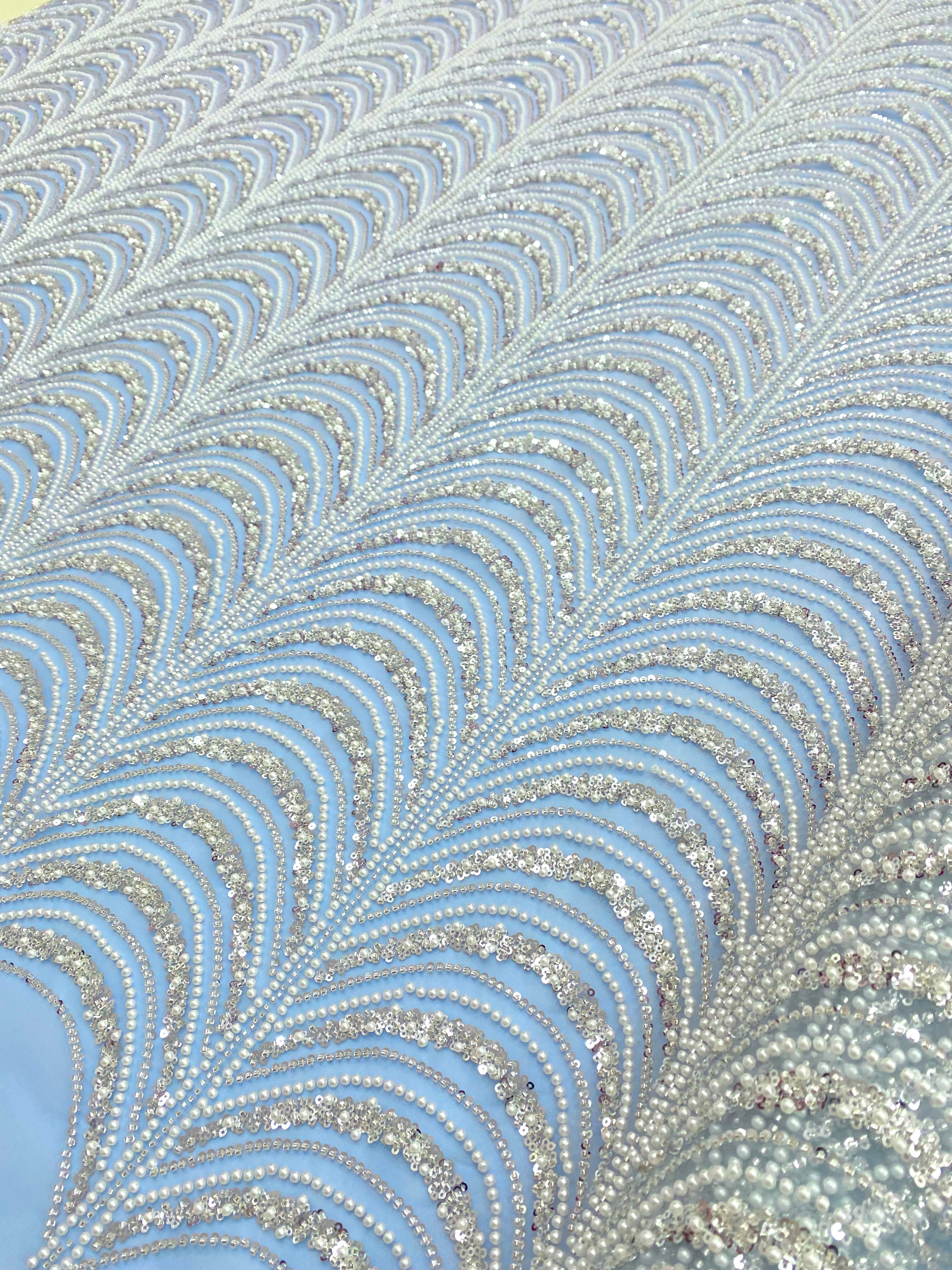 Silver Couture Lace on Blue Tulle, with Symmetrical Pattern, with Beads and Sequins 