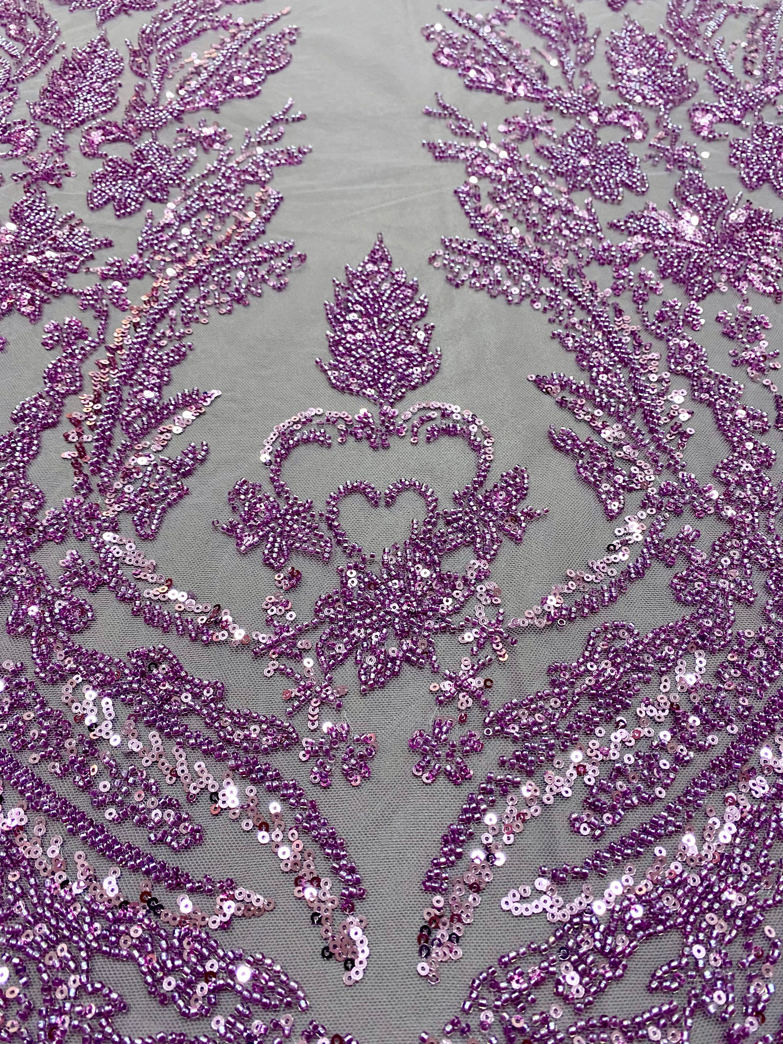 Couture Powder Lace with Floral Pattern, Beads and Sequins