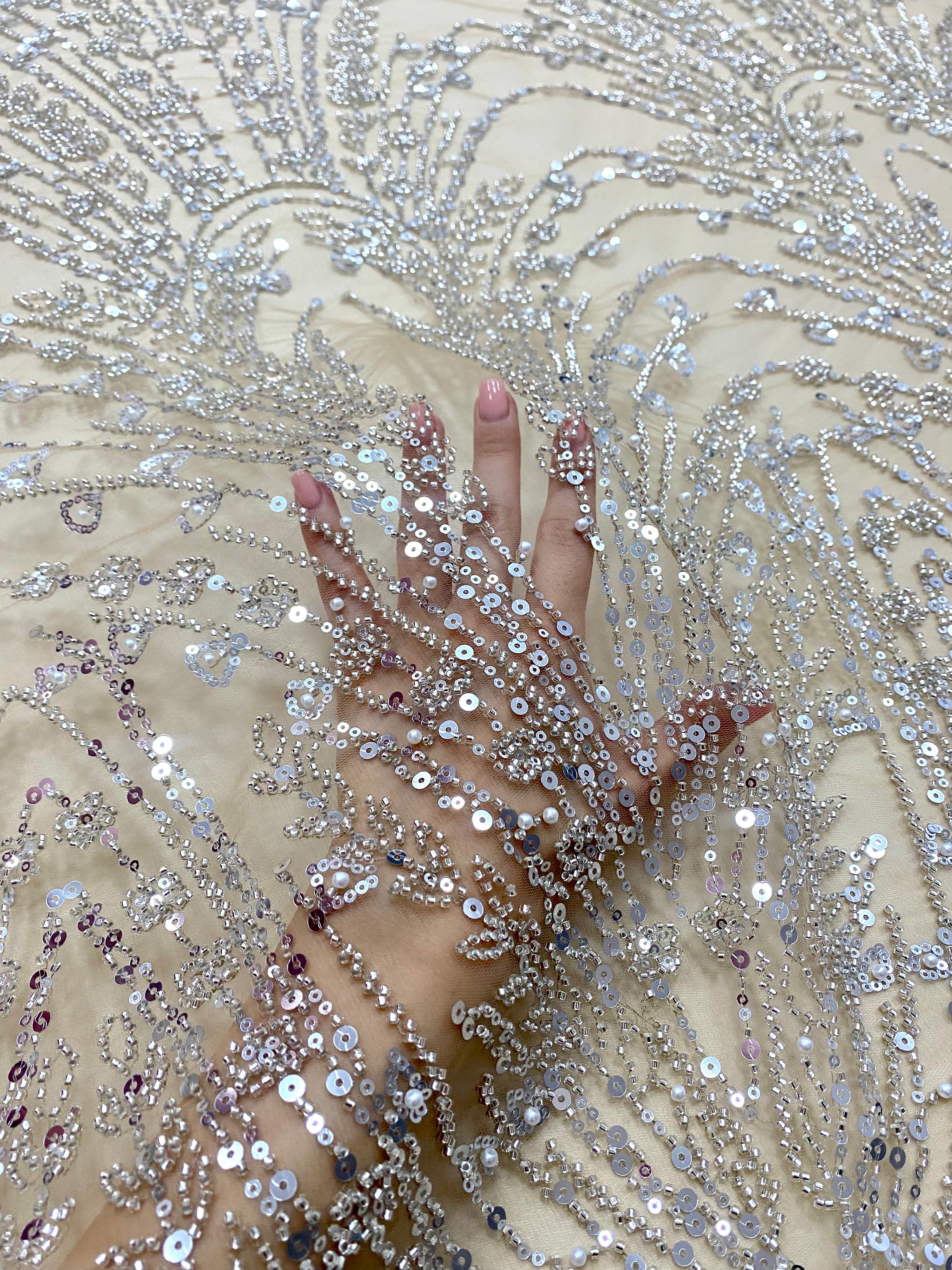 Silver Lace with Geometric Pattern, with Beads and Sequins