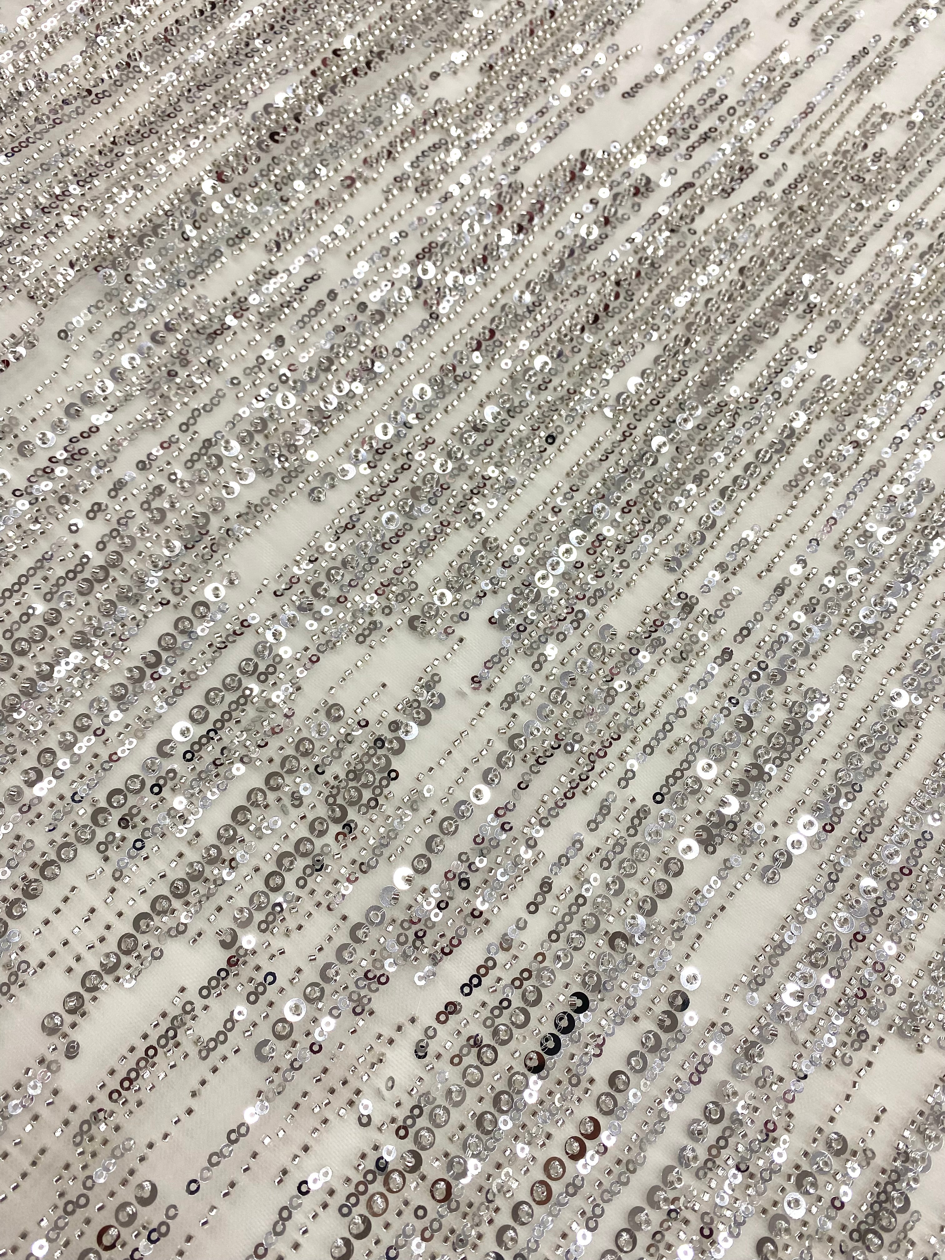 Silver Couture Lace on Ivory Tulle with Linear Pattern, with Beads and Sequins
