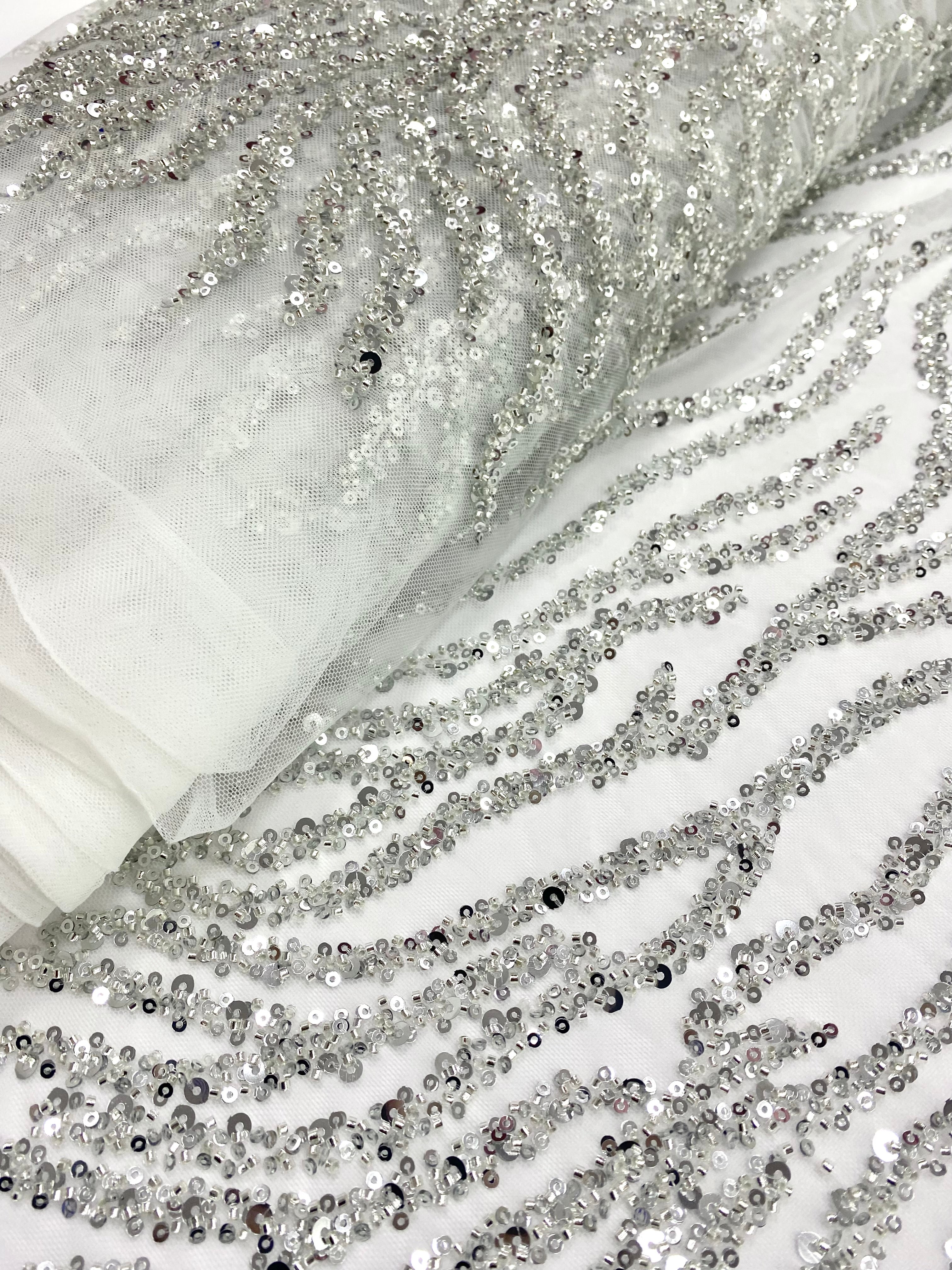 Silver Couture Lace on Ivory Tulle with Strings, Beads and Sequins