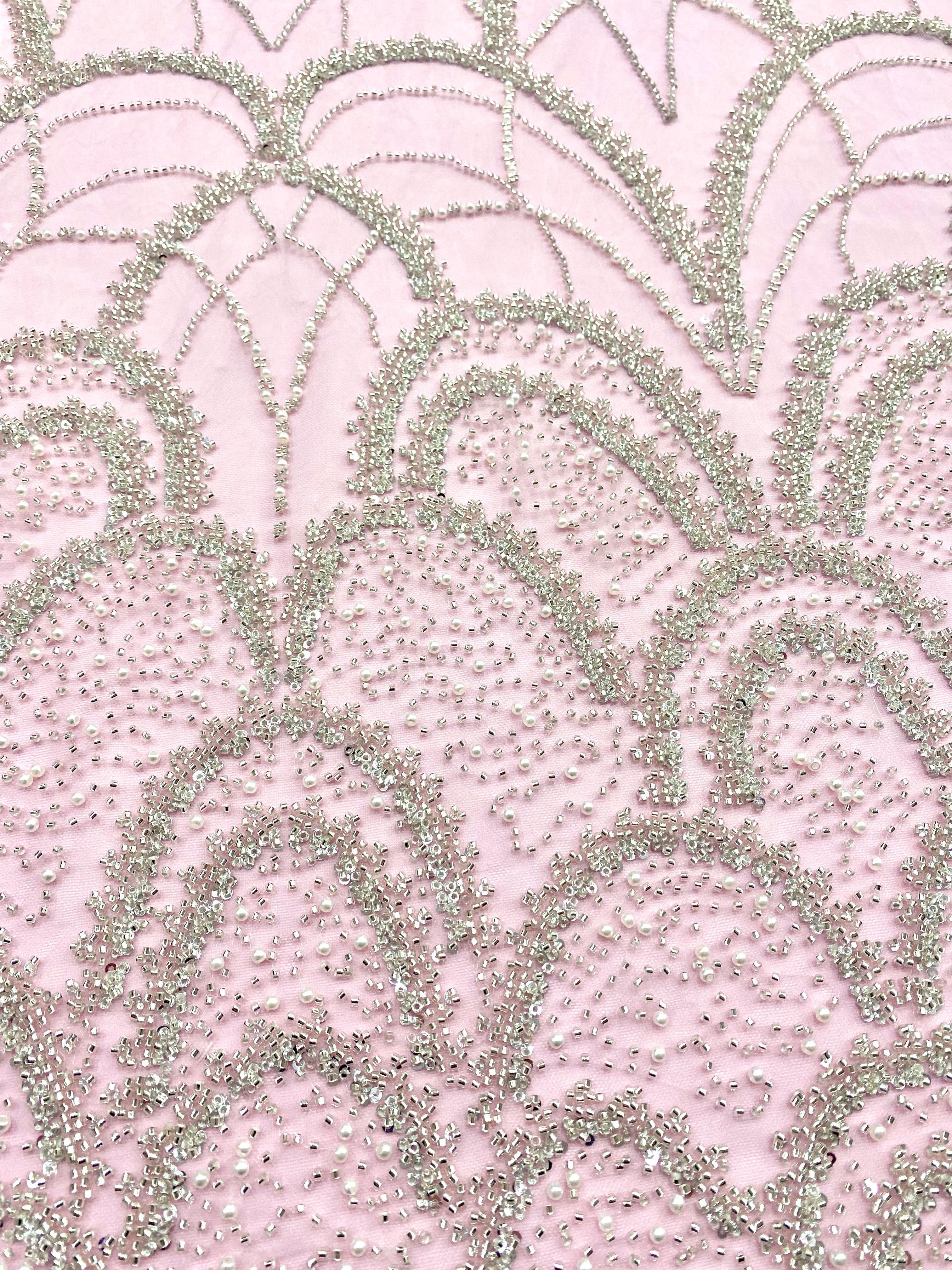 Silver Couture Lace on Pink Tulle with Geometric Pattern, with Pearls, Beads and Sequins
