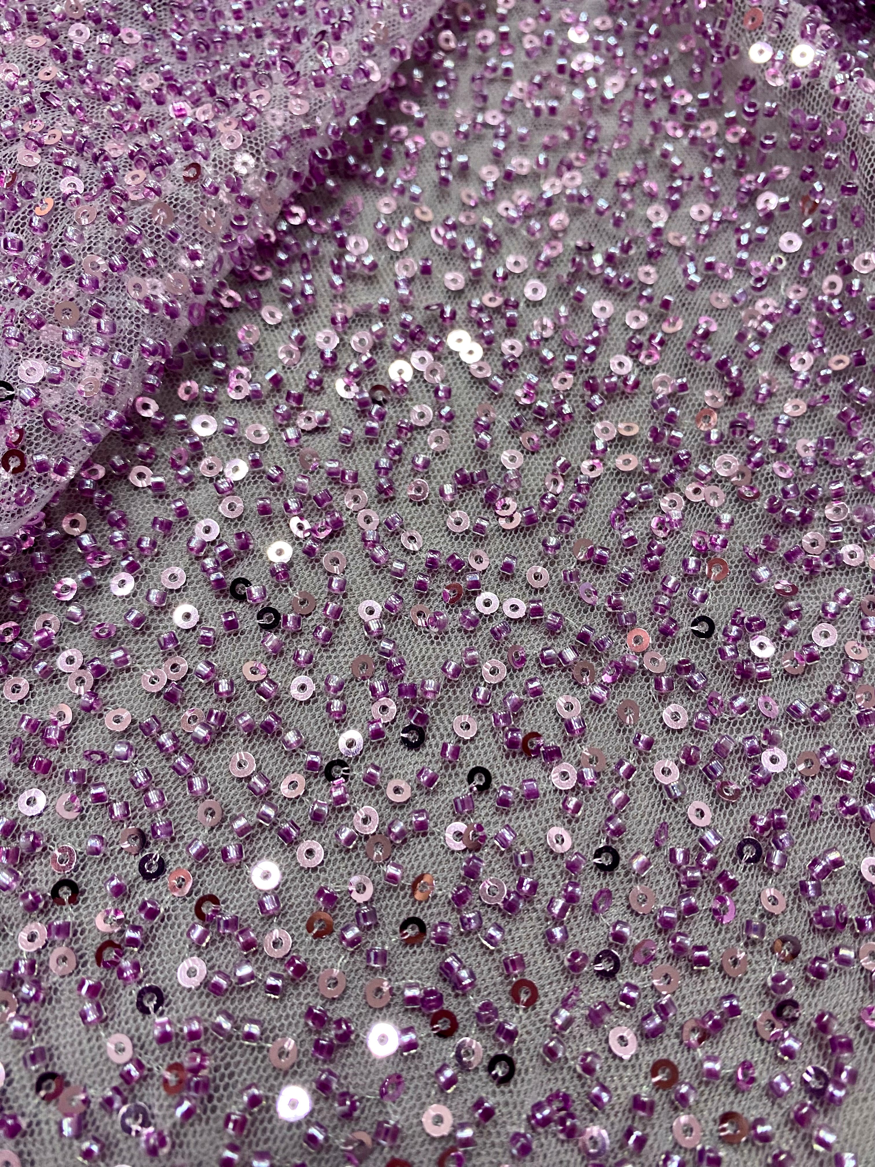 Dantela Couture Lavanda Pudrata cu Model General, cu Margele si Paiete
