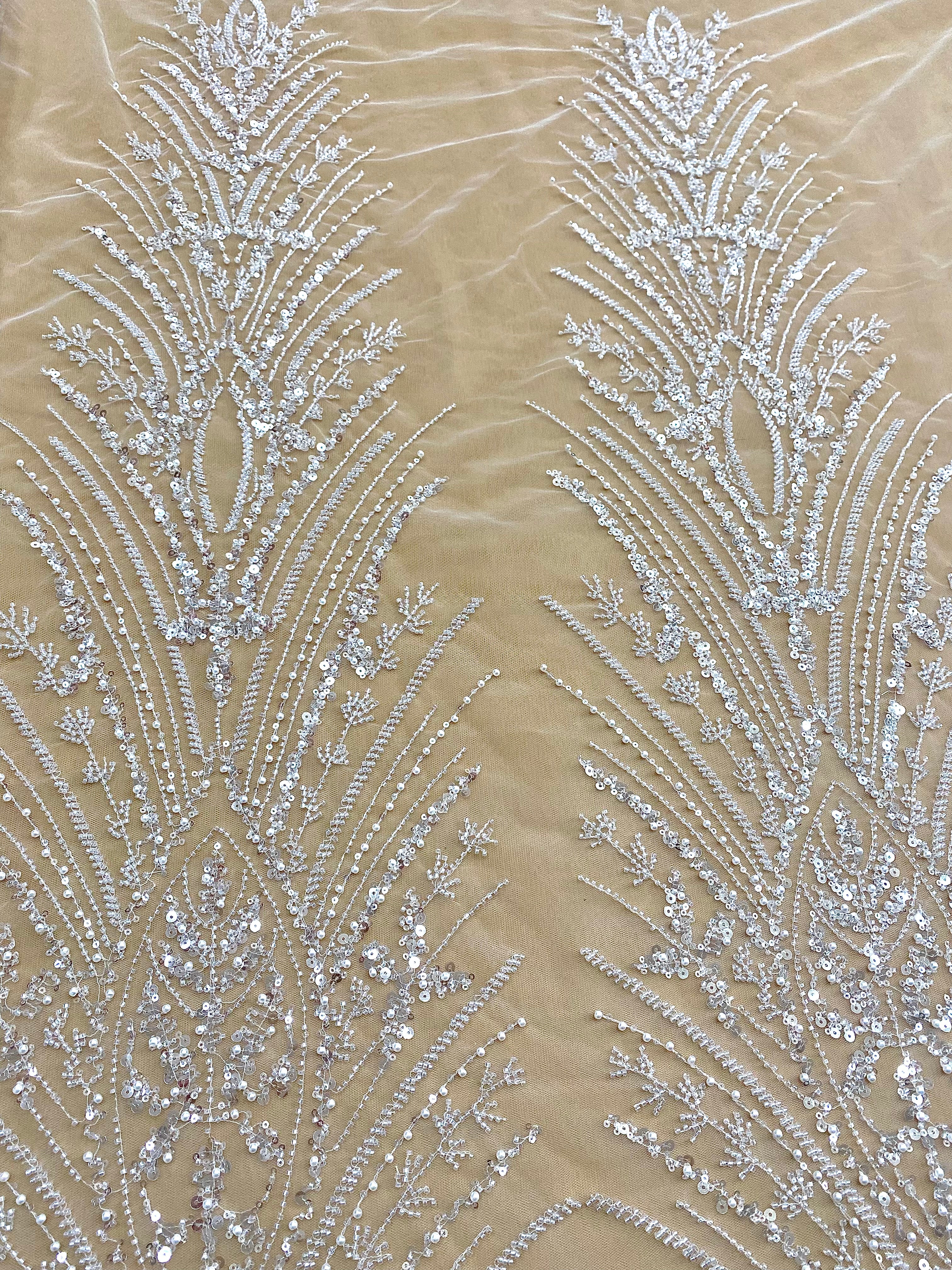 Silver Lace with Linear Pattern, with Pearls and Sequins