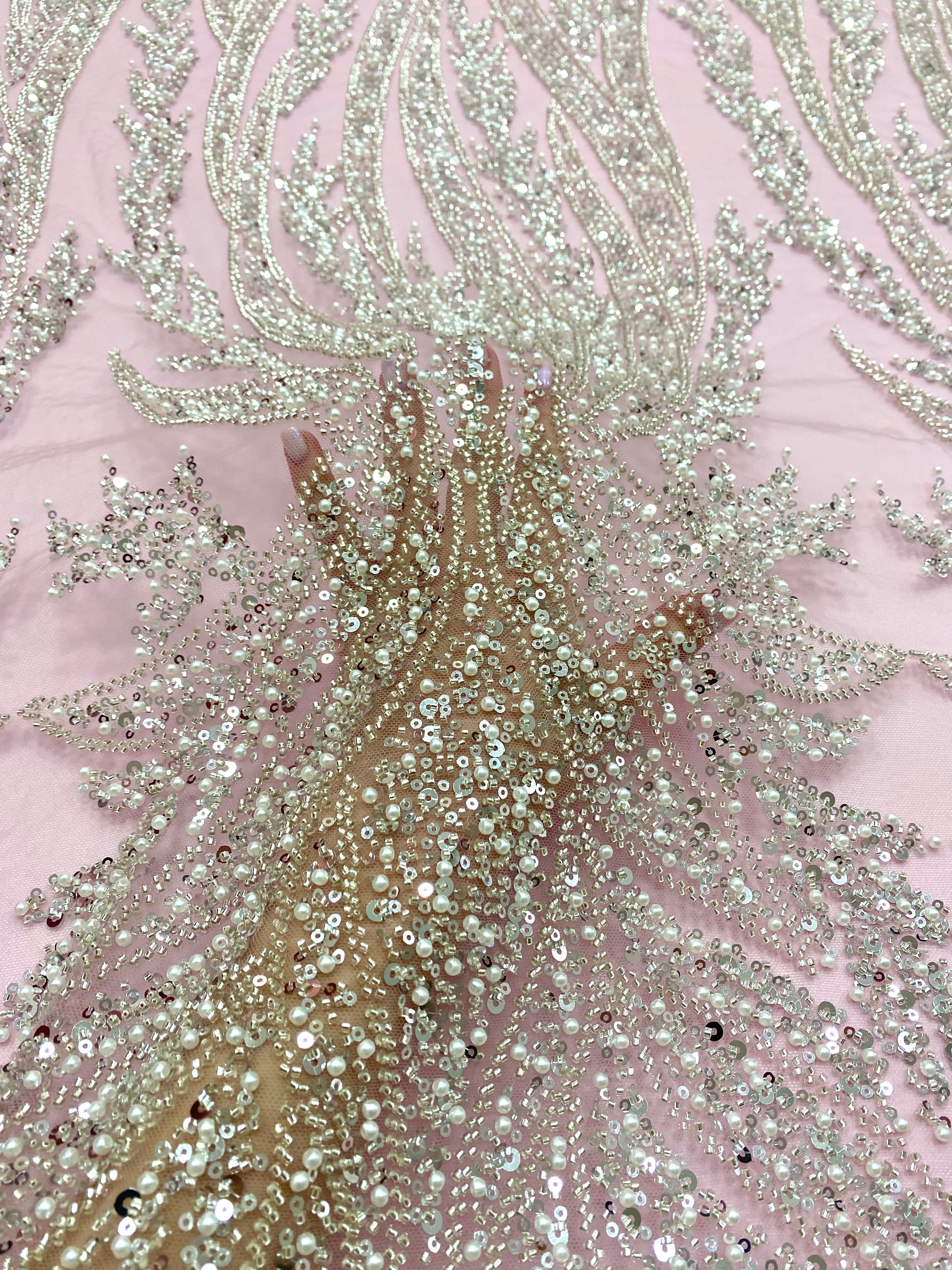 Silver Couture Lace on Blue Tulle, with Symmetrical Pattern, with Beads and Sequins 