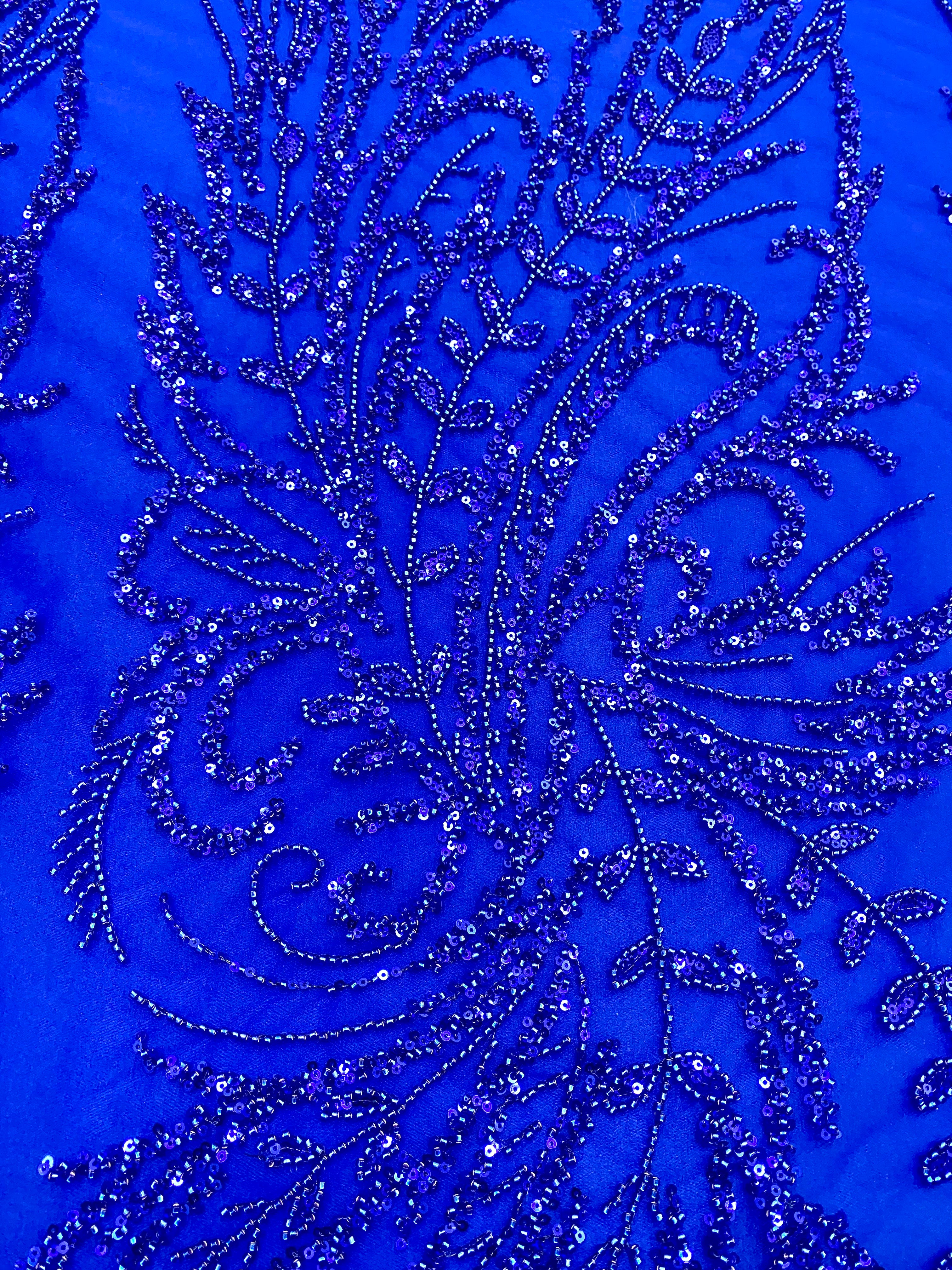 Royal Blue Couture Lace with Floral Pattern, Beads and Sequins