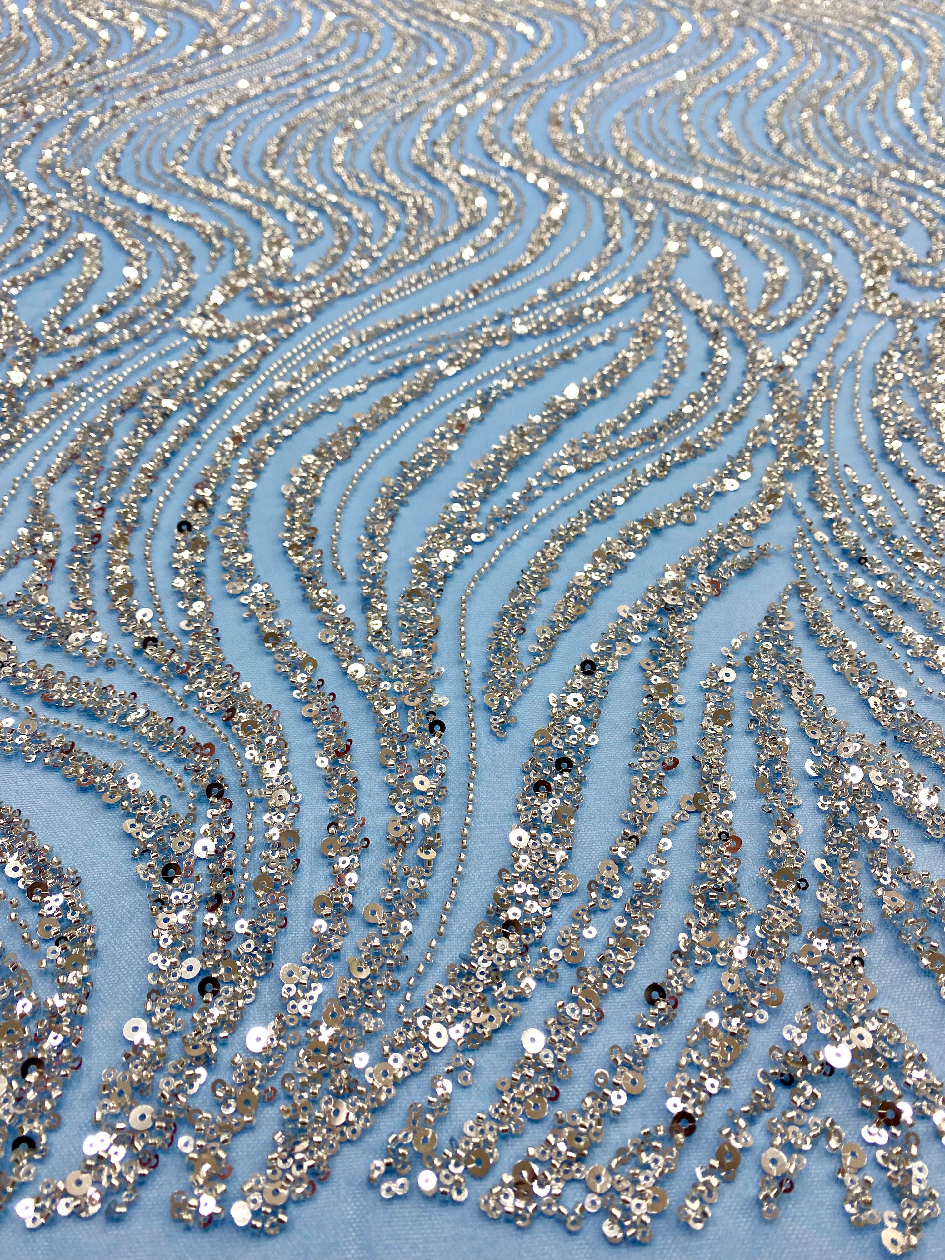 Silver Lace with Linear Pattern, with Pearls and Sequins