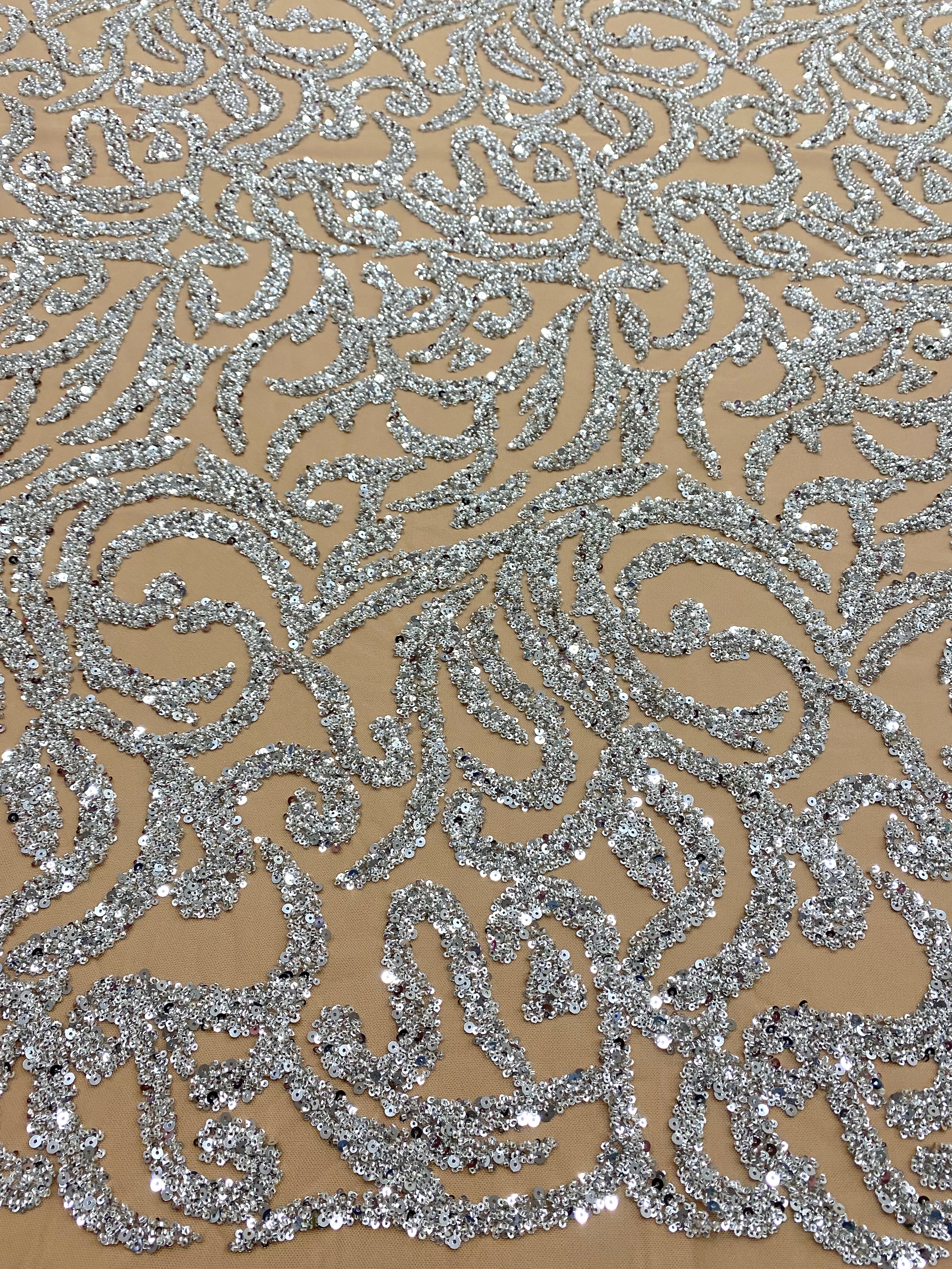 Silver Couture Lace on Nude Tulle with Beads and Sequins 