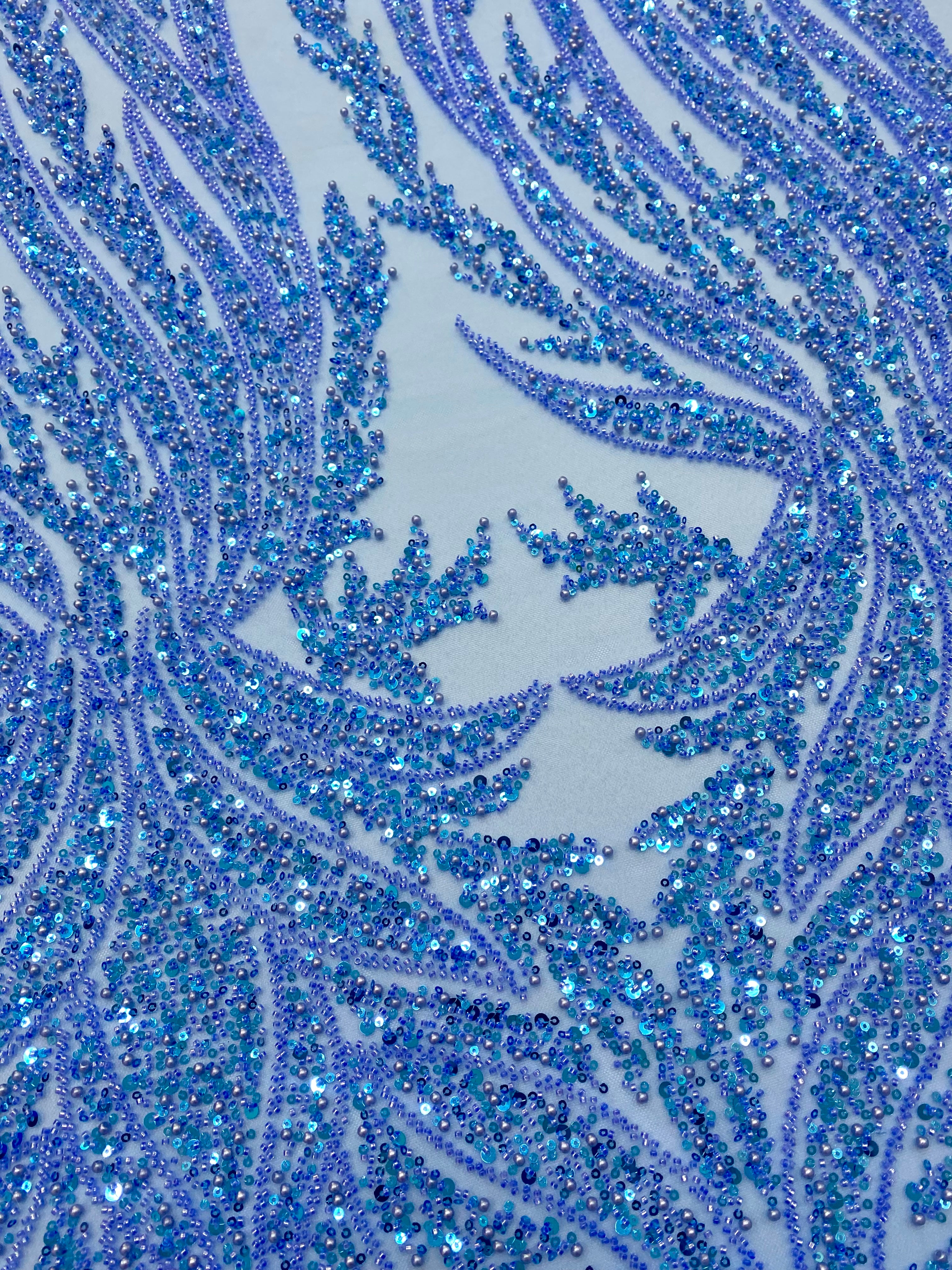Dantela Couture Sky Blue cu Panou, cu Perle, Margele si Paiete