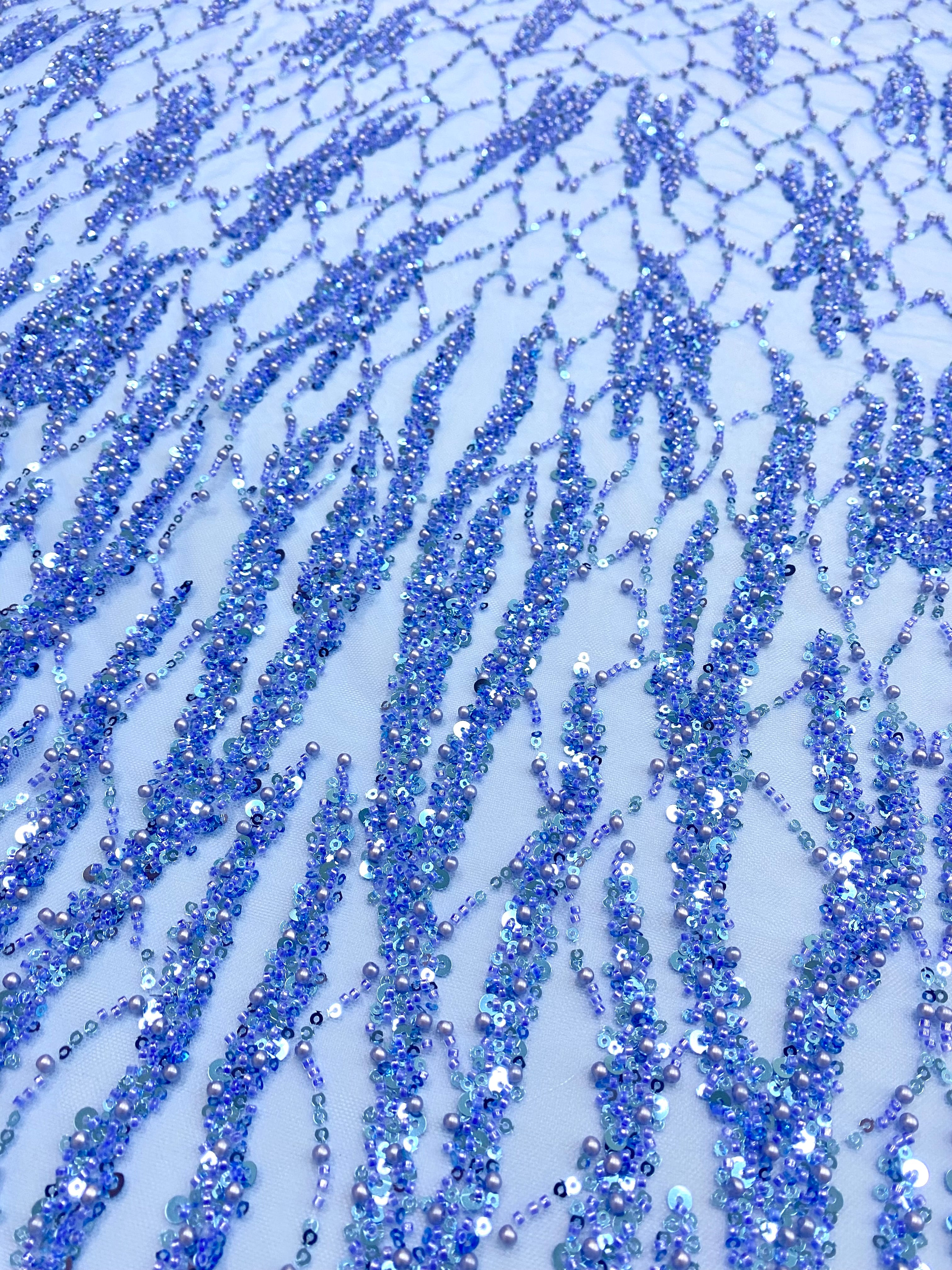 Dantela Couture Sky Blue cu Siraguri cu Perle, Margele si Paiete