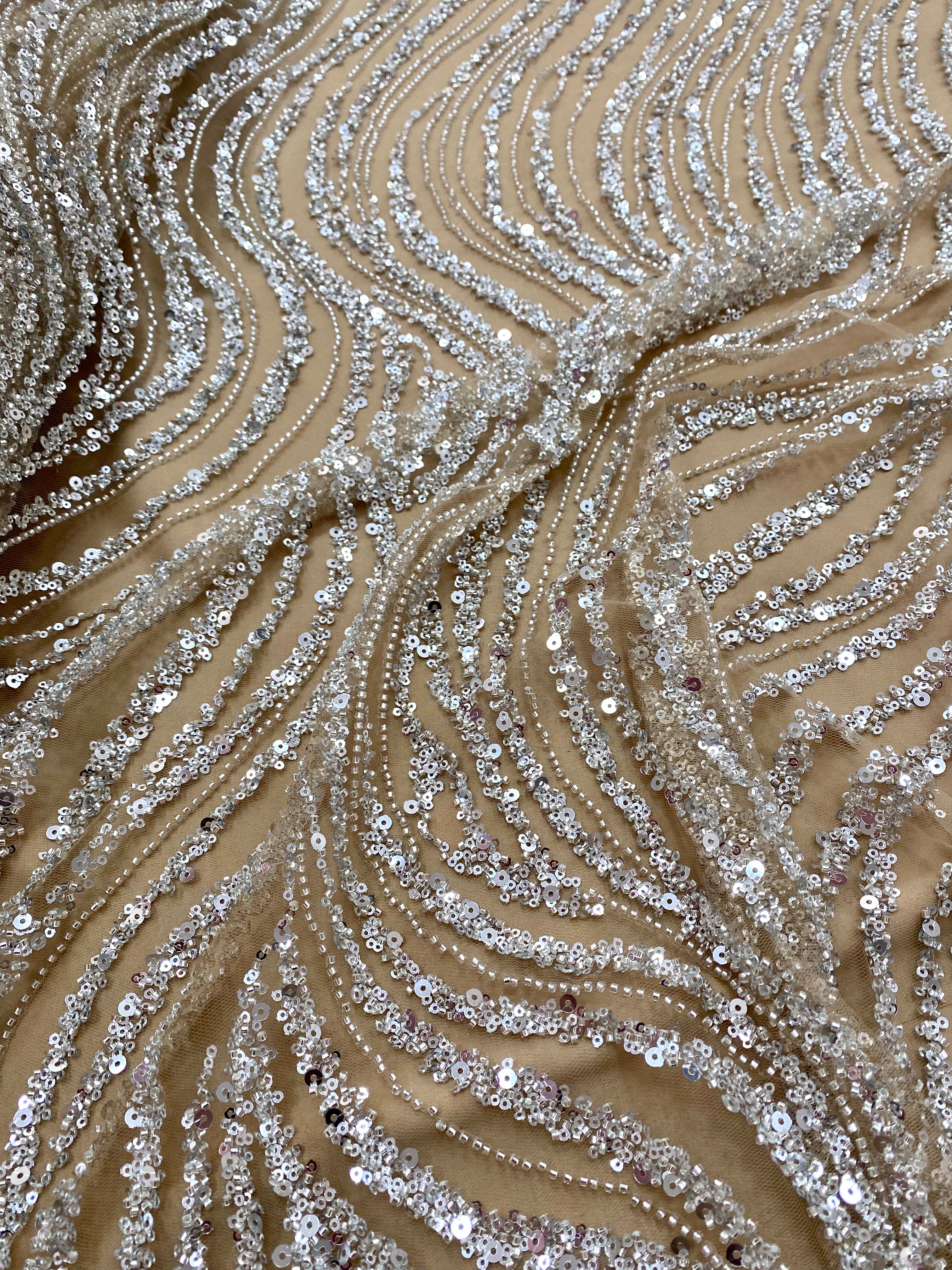 Silver Lace with Linear Pattern, with Pearls and Sequins