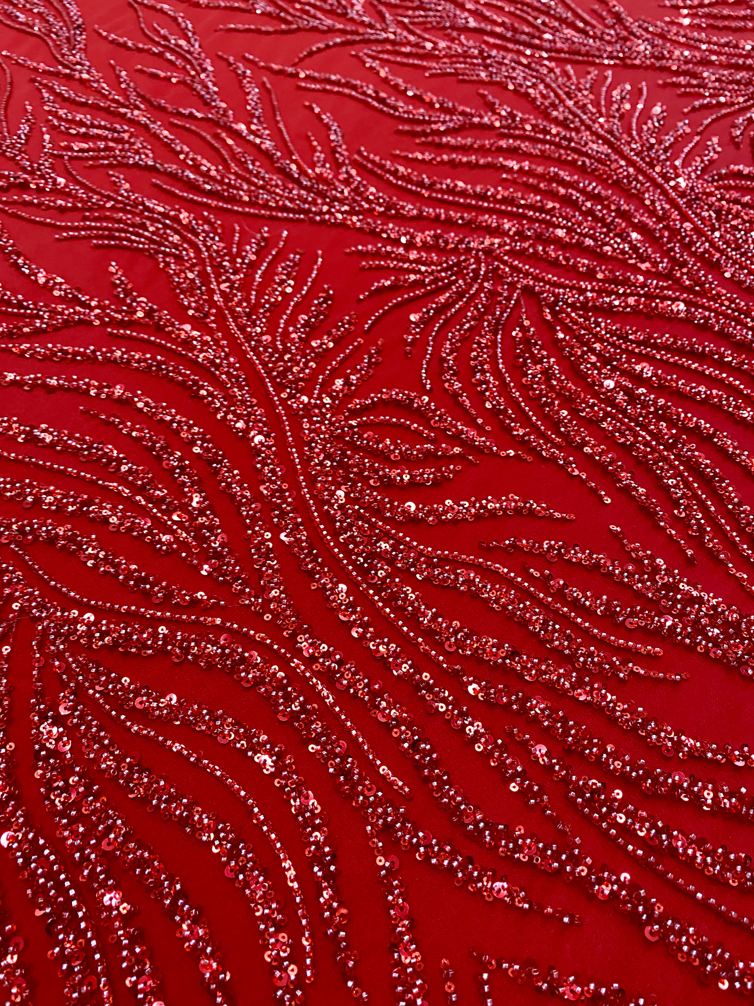 Red Couture Lace with Strings, Beads and Sequins
