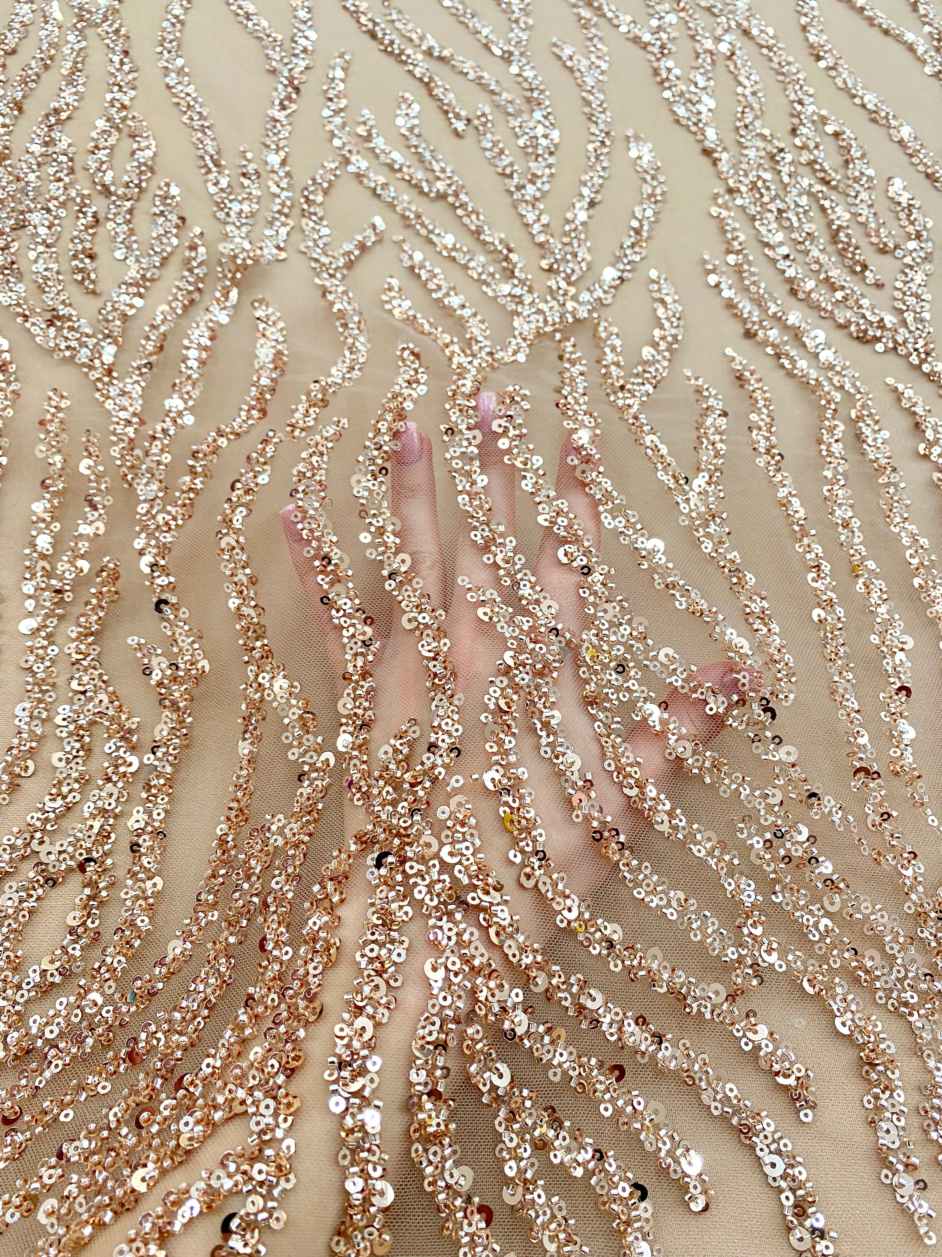 Rose Gold Couture Lace with Strings, Beads and Sequins