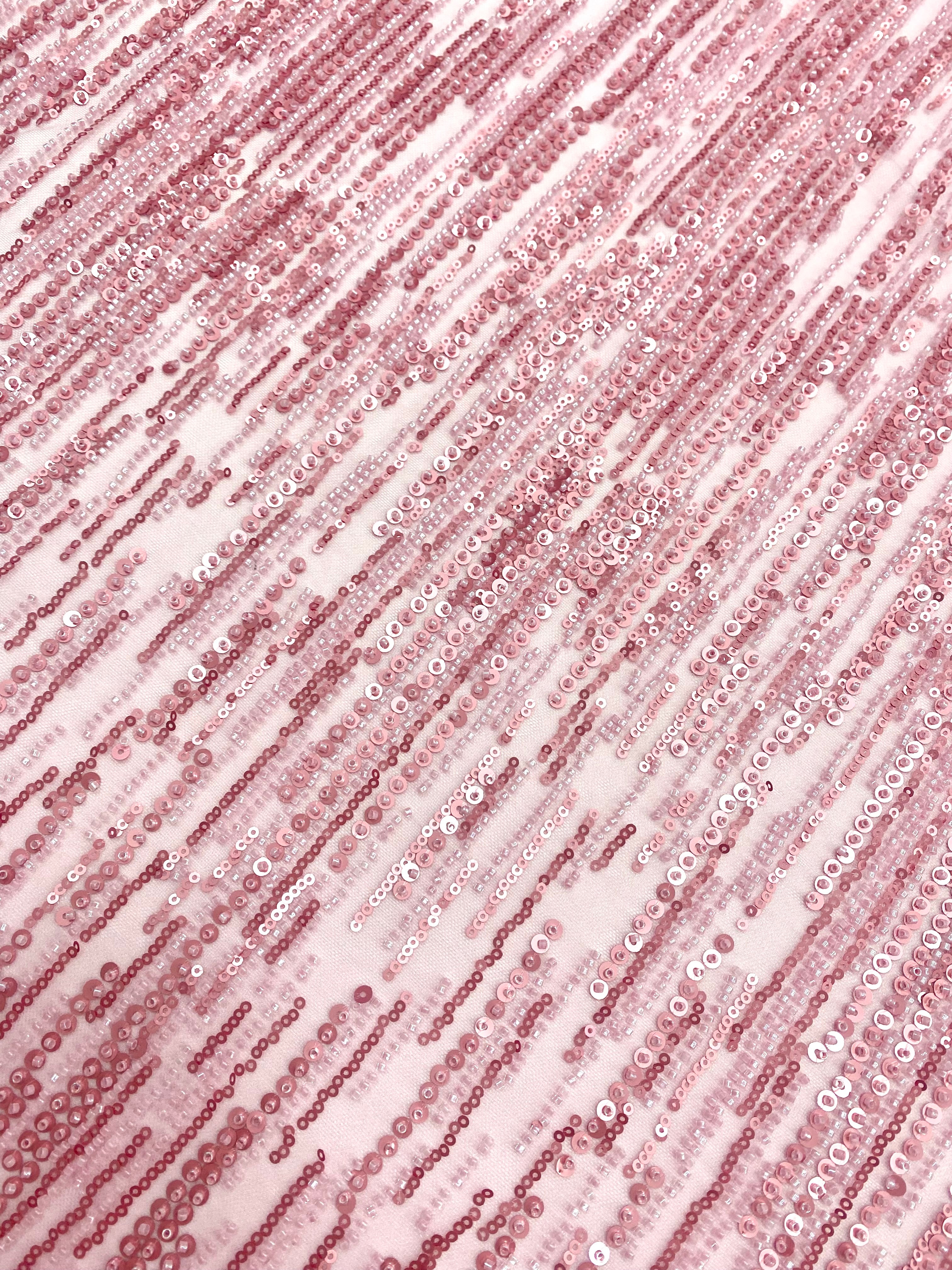 Pink Couture Lace with Linear Pattern, with Beads and Sequins 