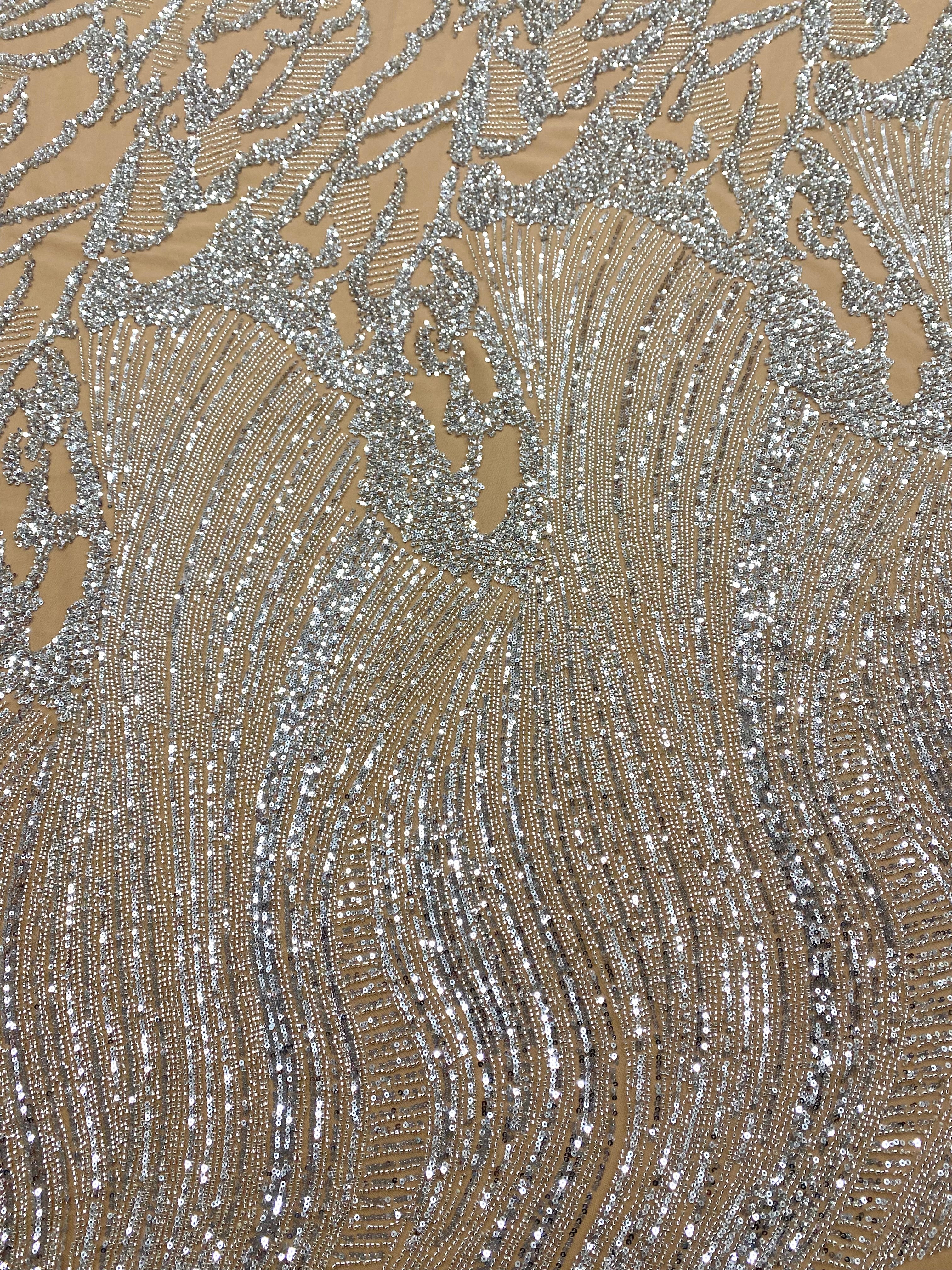 Silver Couture Lace on Nude Tulle with Geometric Pattern, Beads and Sequins