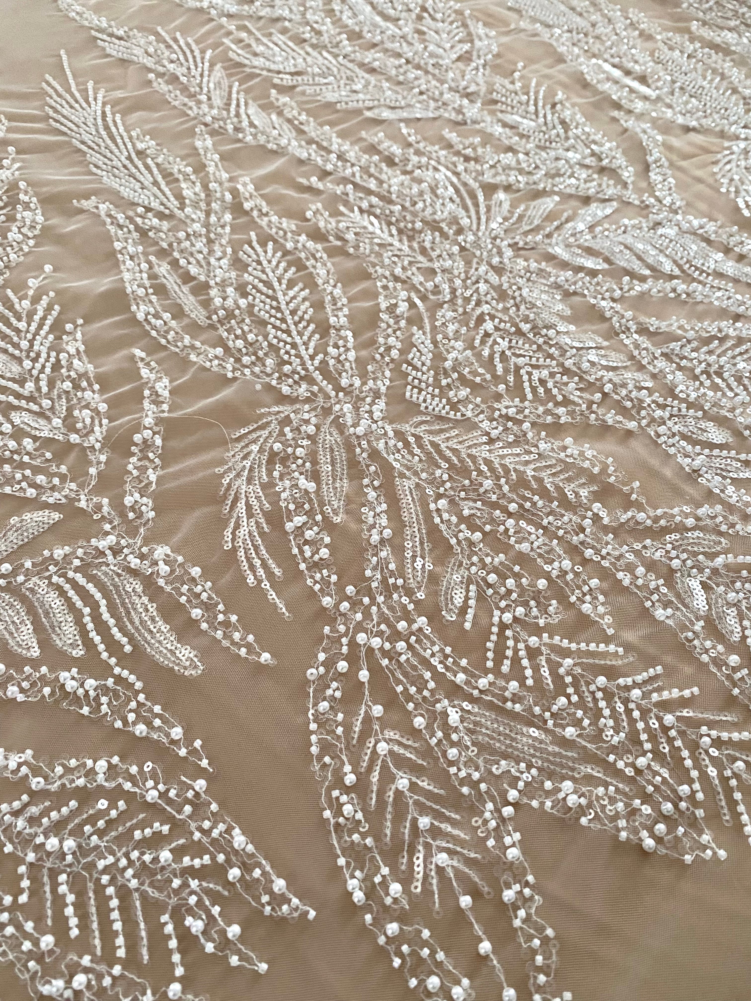Silver Lace with Geometric Pattern, with Beads and Sequins