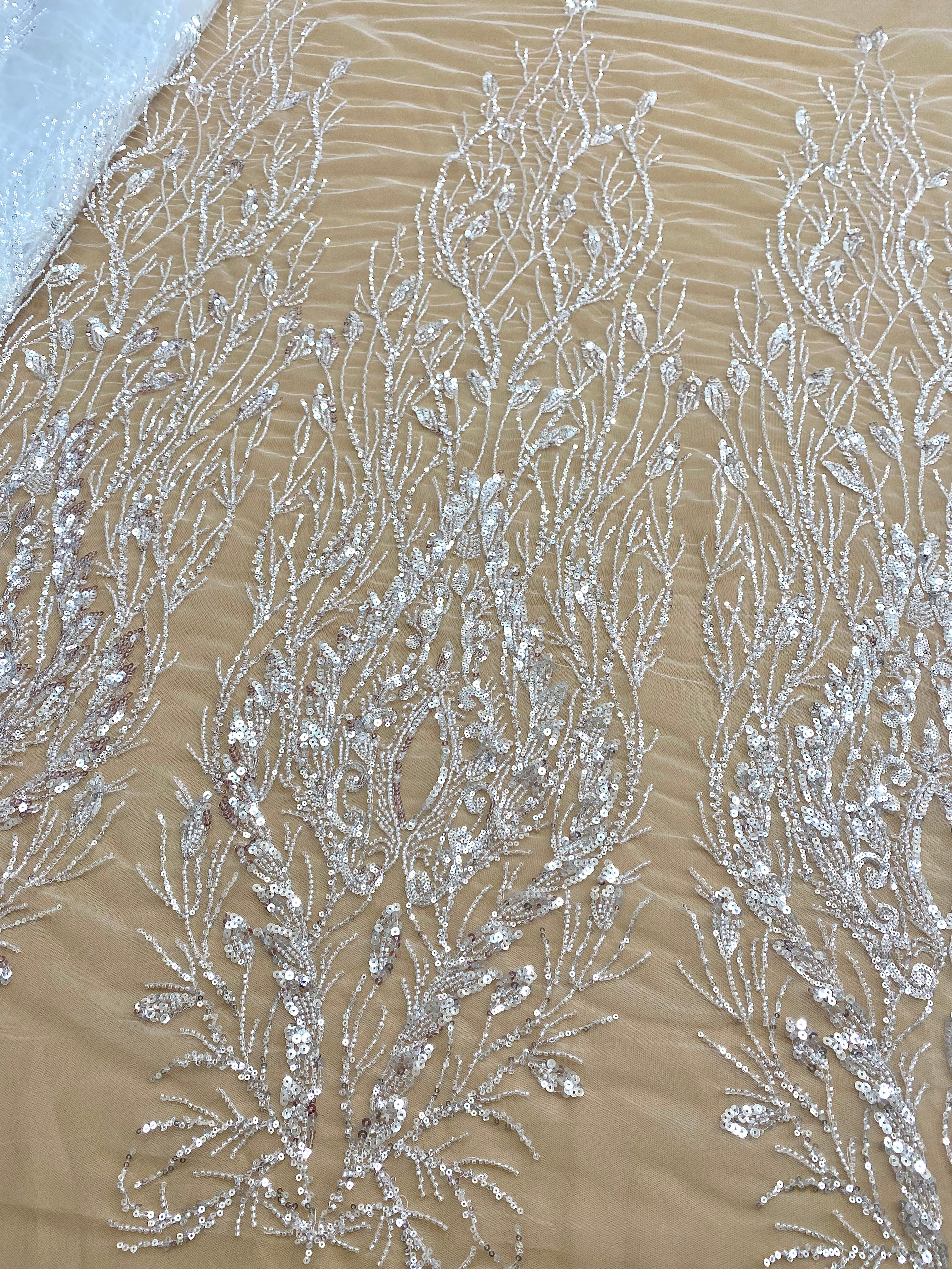 Silver Lace with Linear Pattern, with Pearls and Sequins
