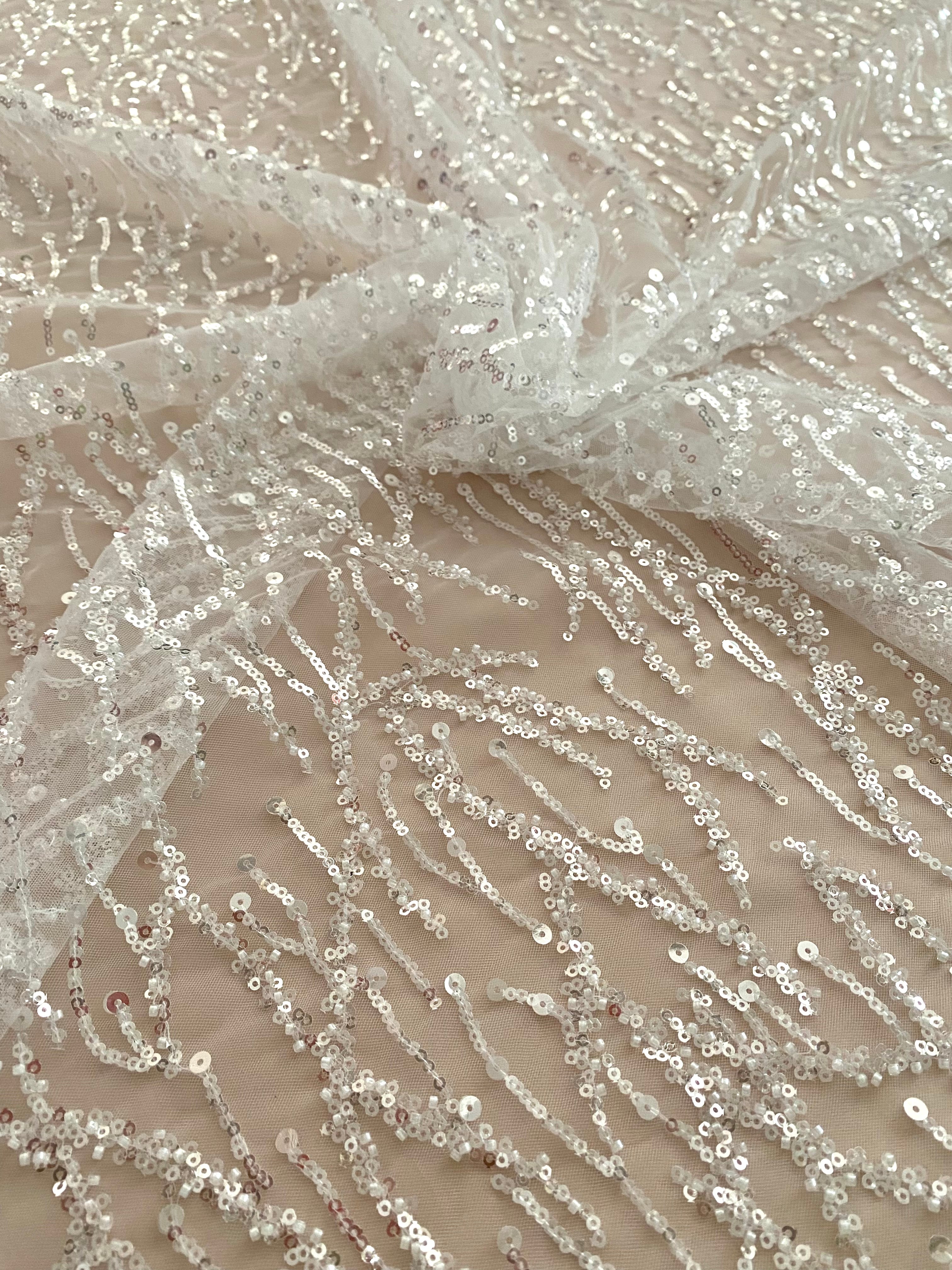 Silver Lace with Linear Pattern, with Pearls and Sequins