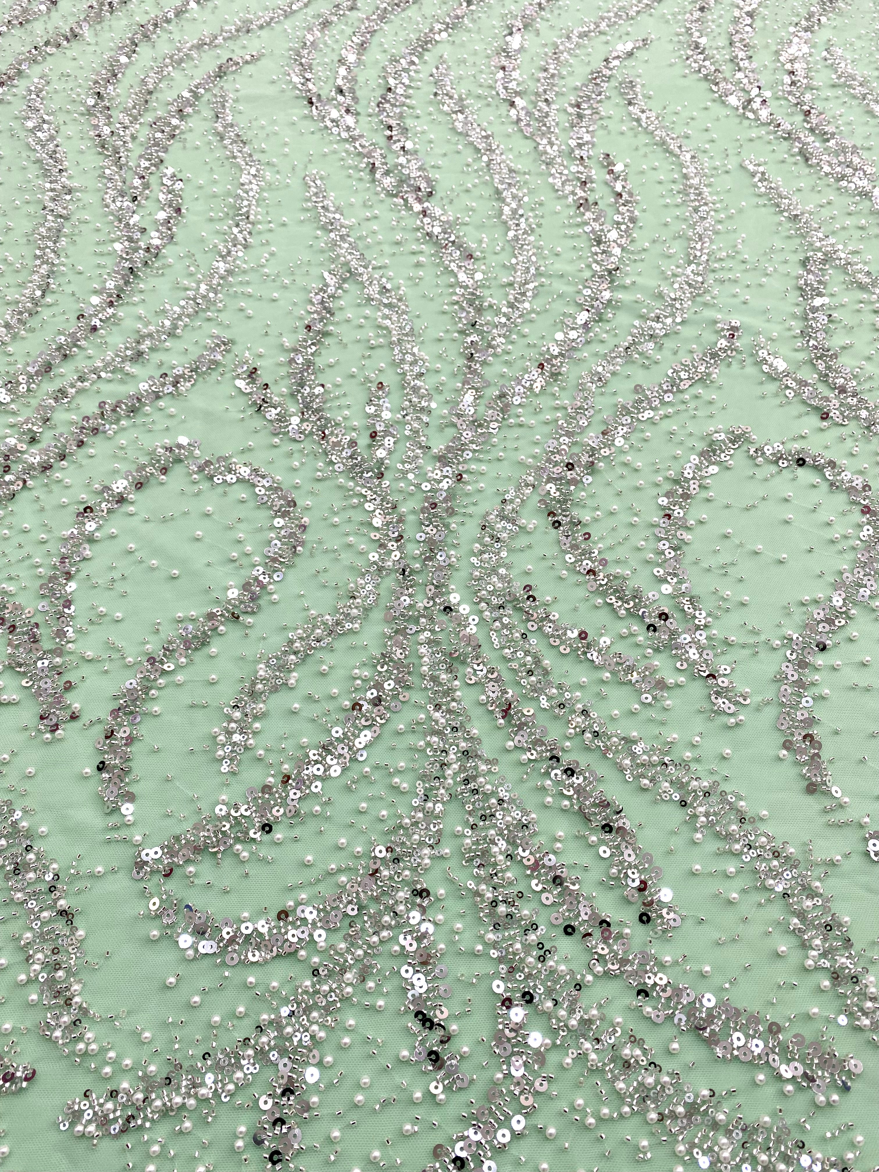 Silver Couture Lace on Mint Green Tulle with Pearls, Beads and Sequins
