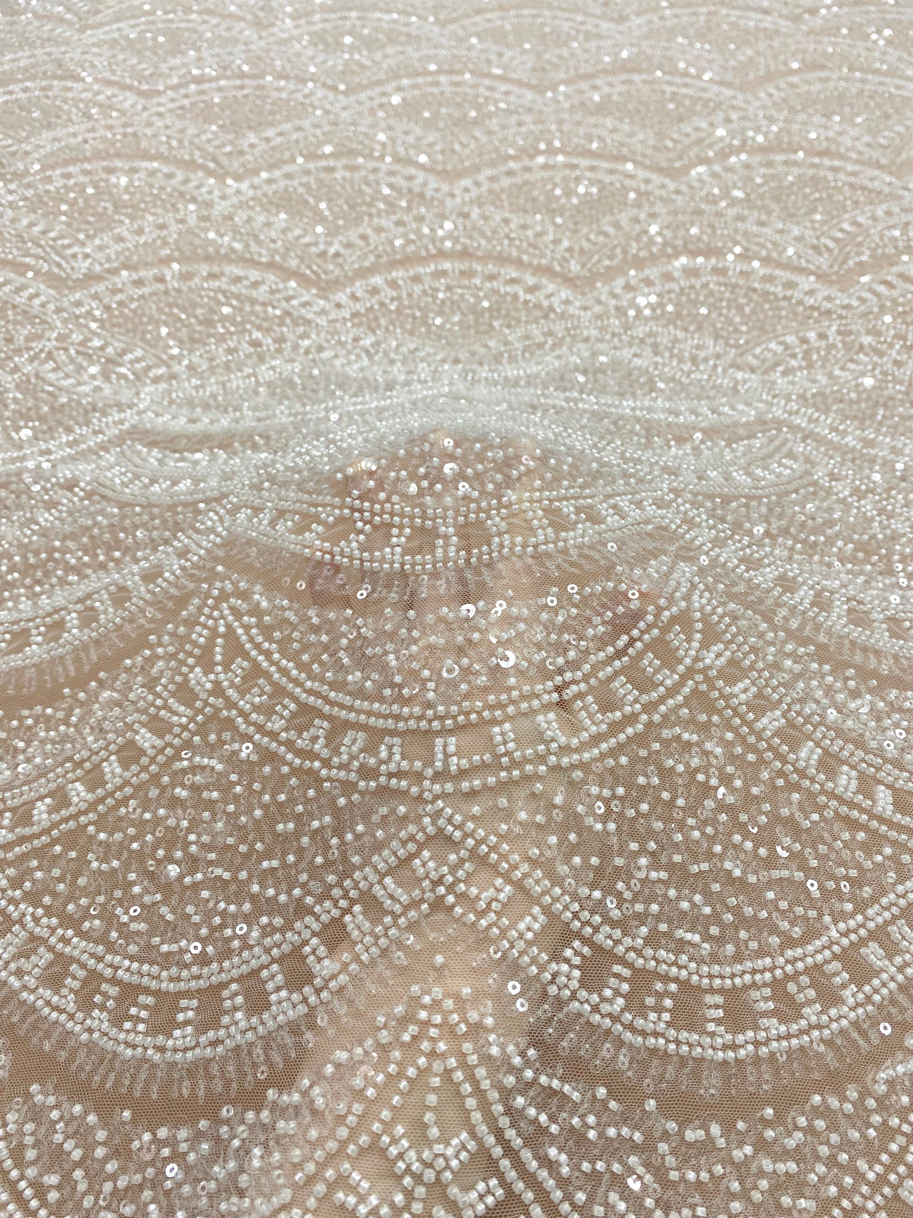 Ivory Lace with Geometric Pattern, with Beads and Sequins