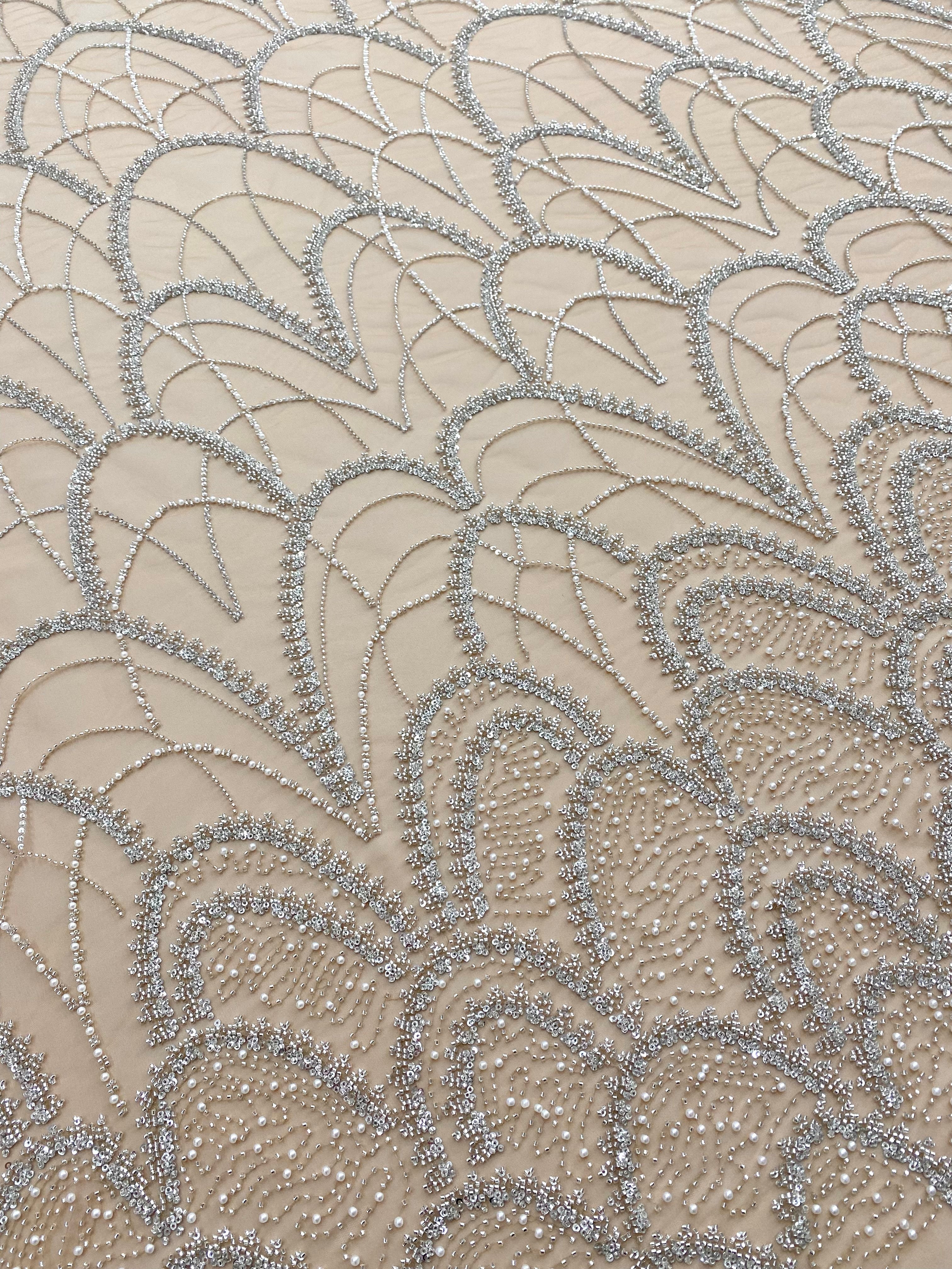 Cupon 2.39 m din Dantela Couture Argintie pe Tulle Nude cu Model Geometric, cu Perle, Margele si Paiete