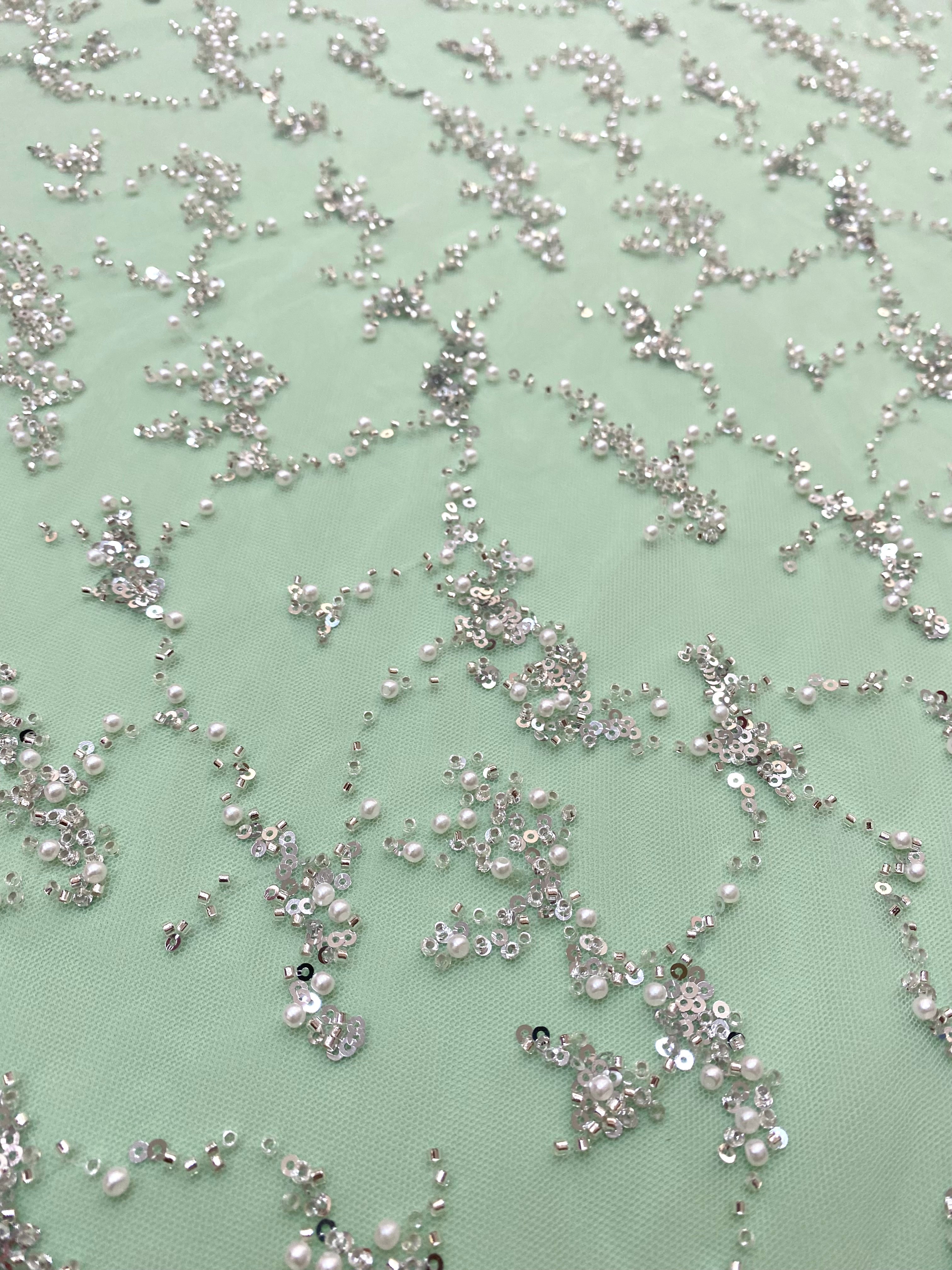 Silver Couture Lace on Mint Green Tulle with Pearls, Beads and Sequins
