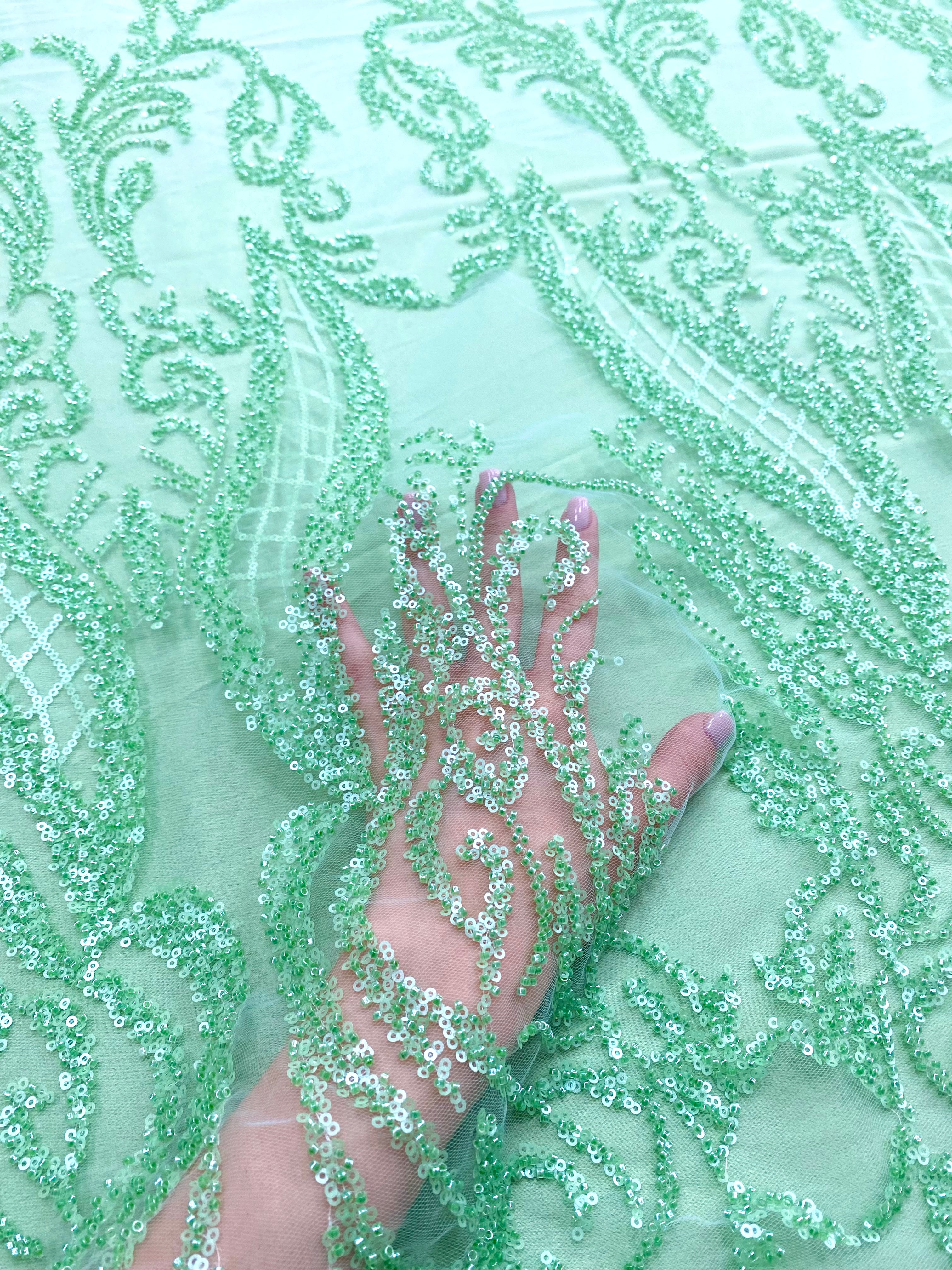 Lavender Couture Lace with Symmetrical Pattern, with Beads and Sequins 