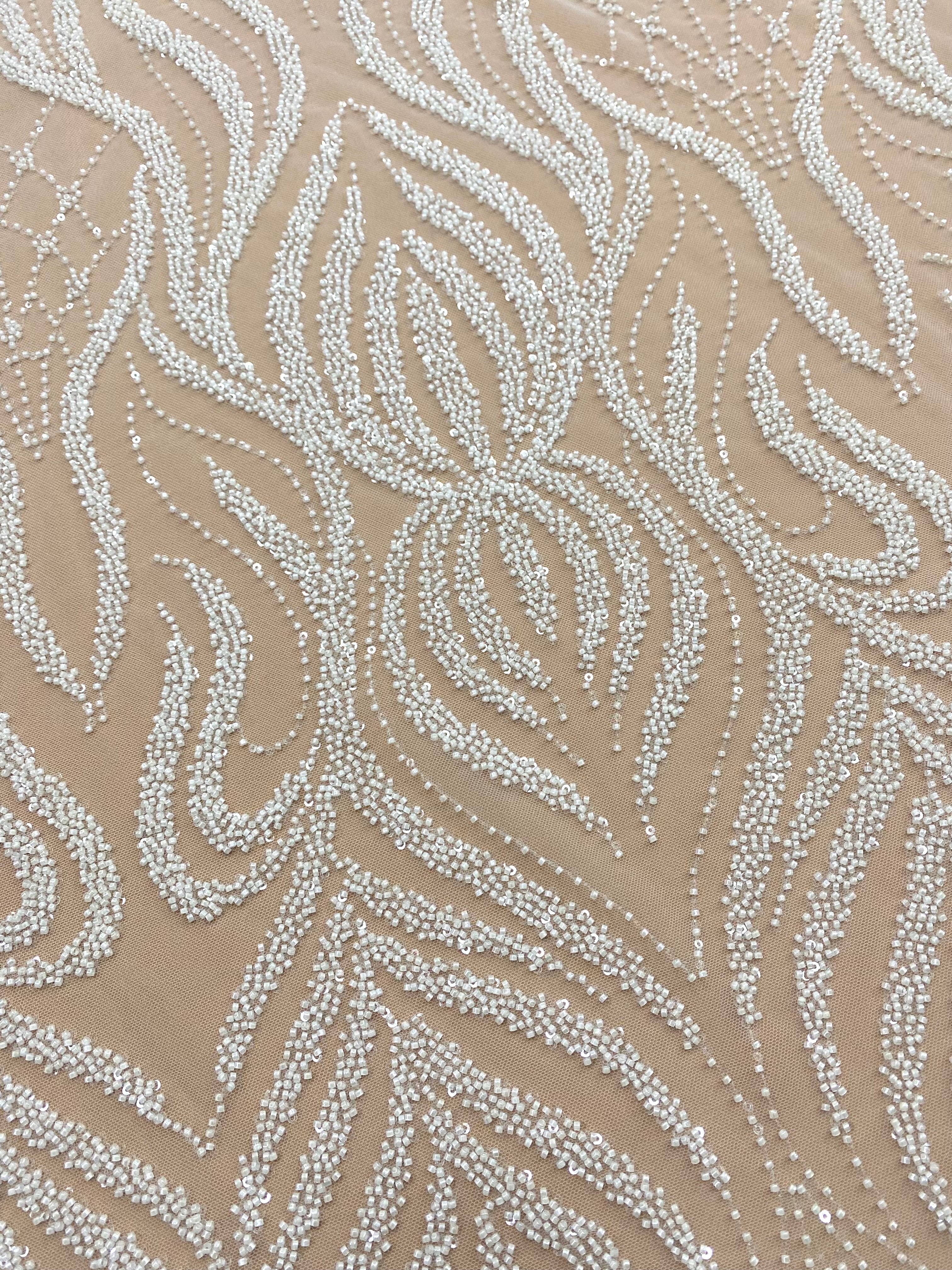 Ivory Couture Lace with Geometric Pattern, Beads and Sequins