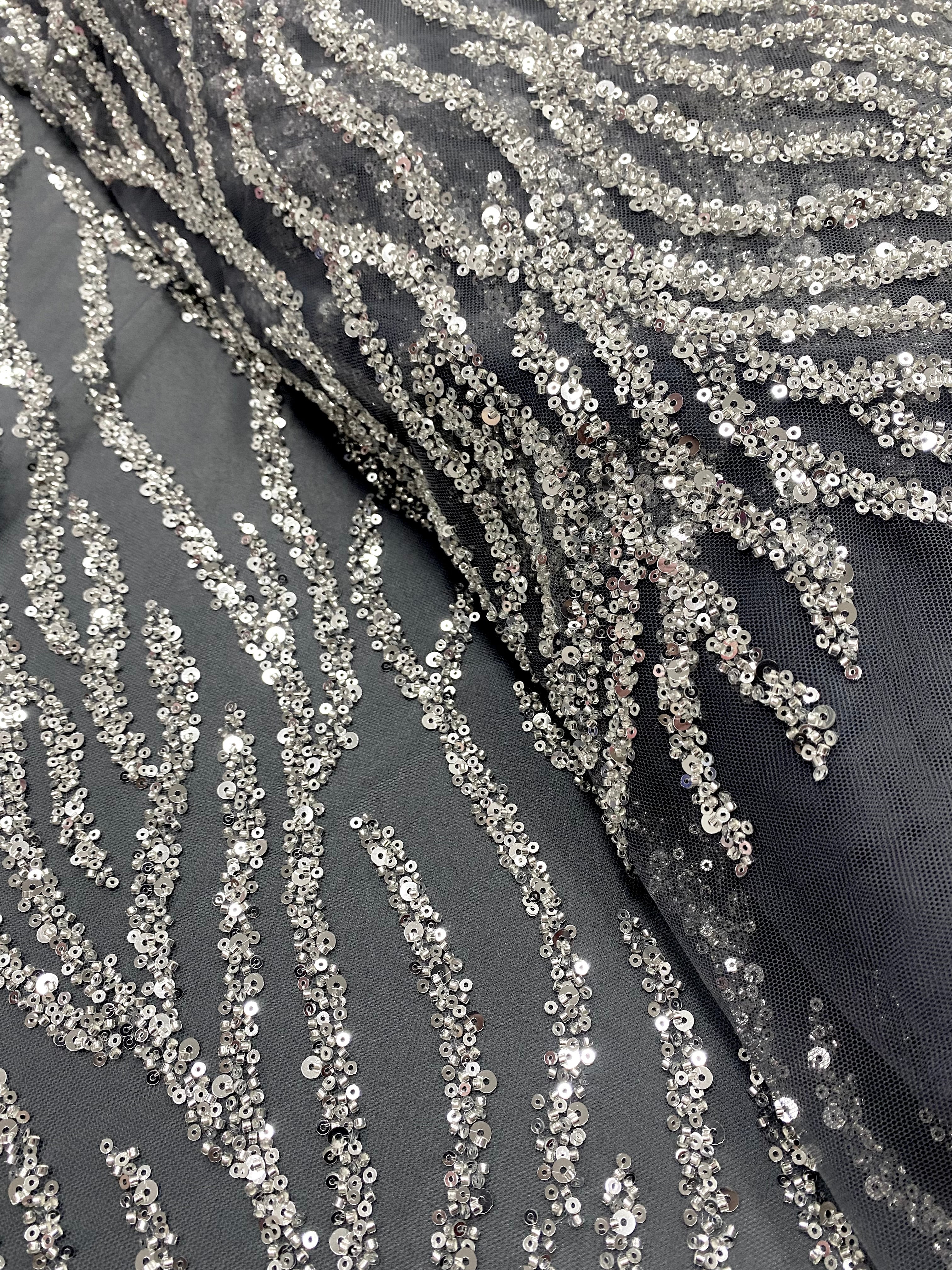 Silver Couture Lace on Anthracite Tulle with Strings, Beads and Sequins