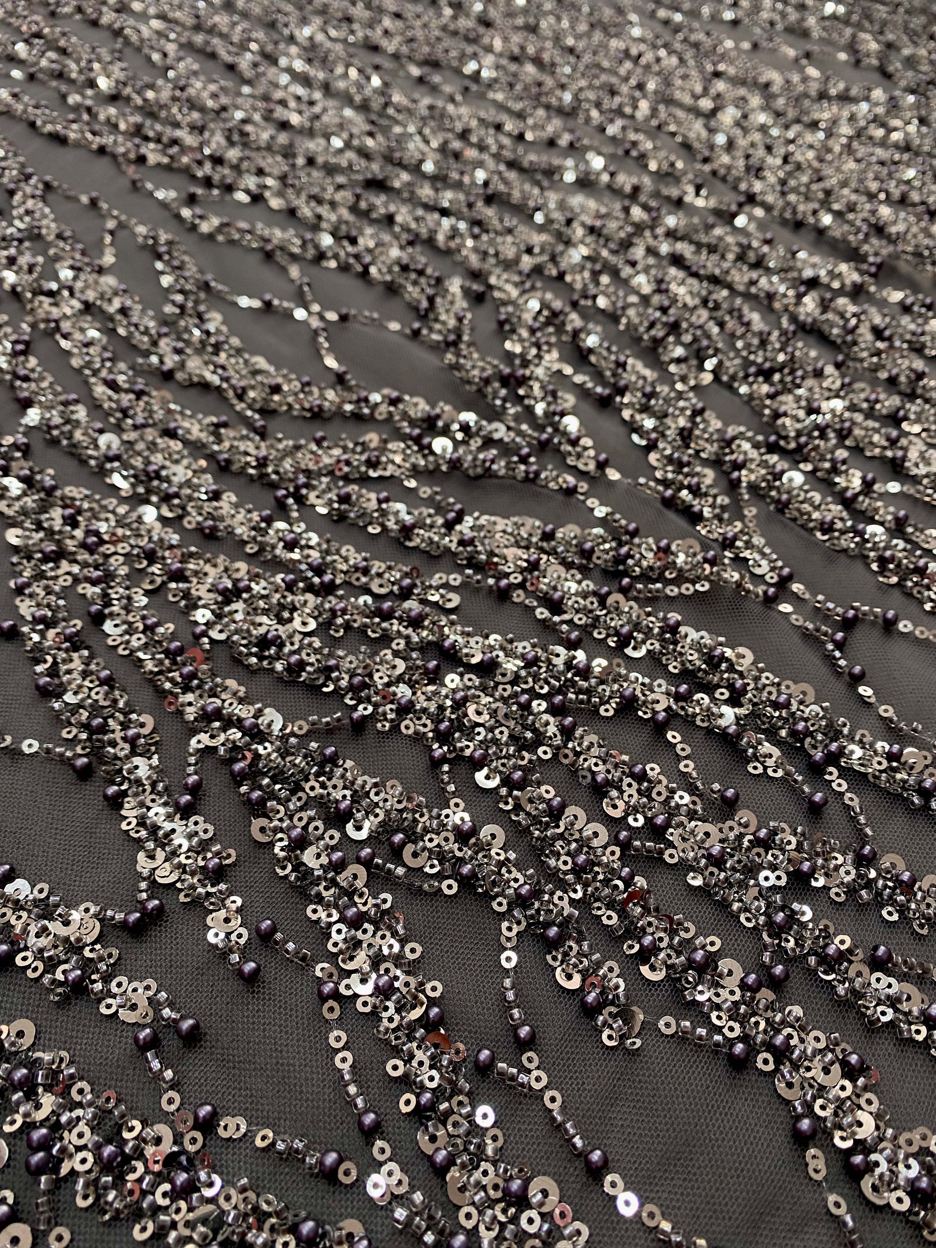 Silver Lace with Linear Pattern, with Pearls and Sequins
