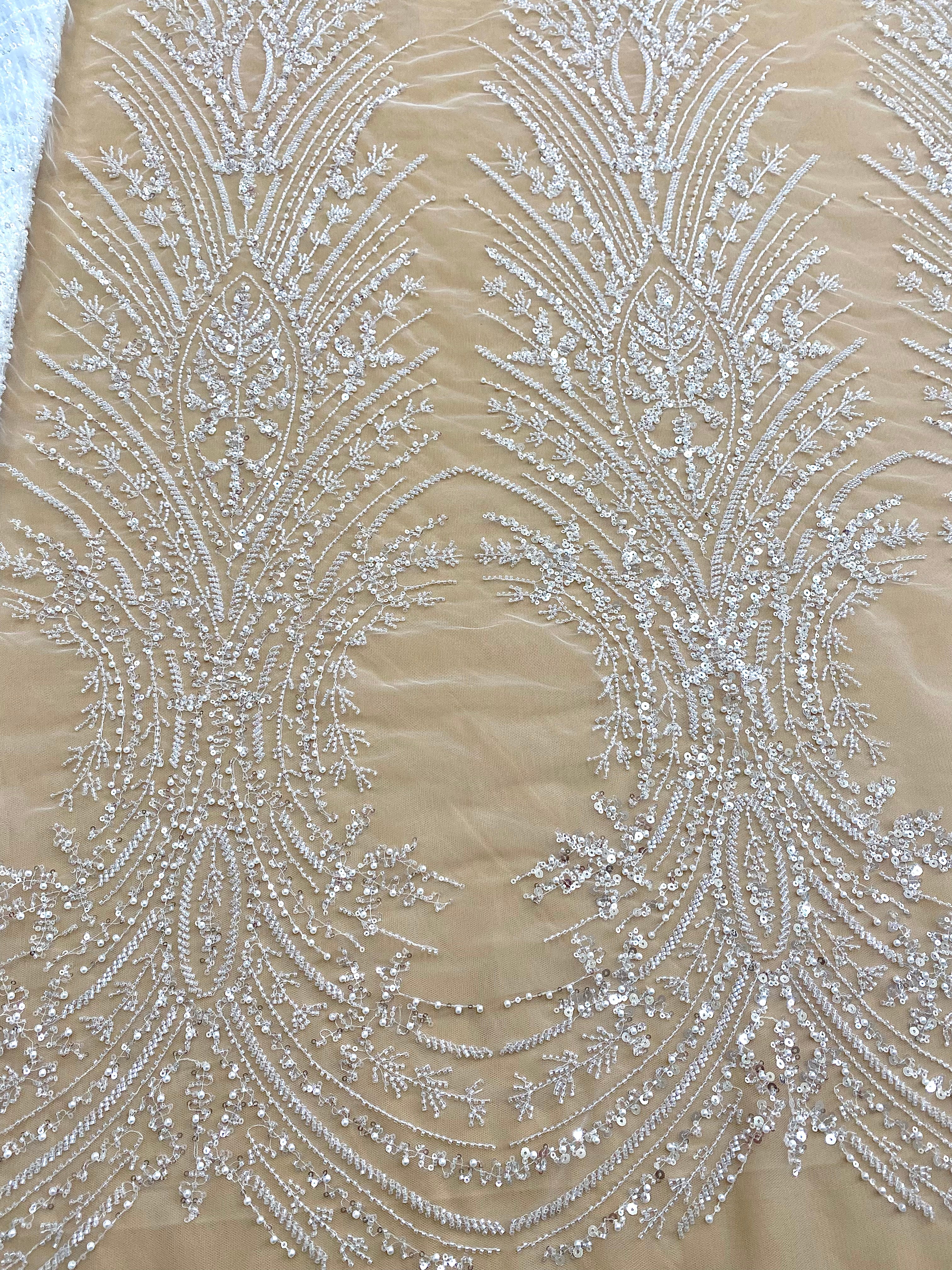 Silver Lace with Linear Pattern, with Pearls and Sequins
