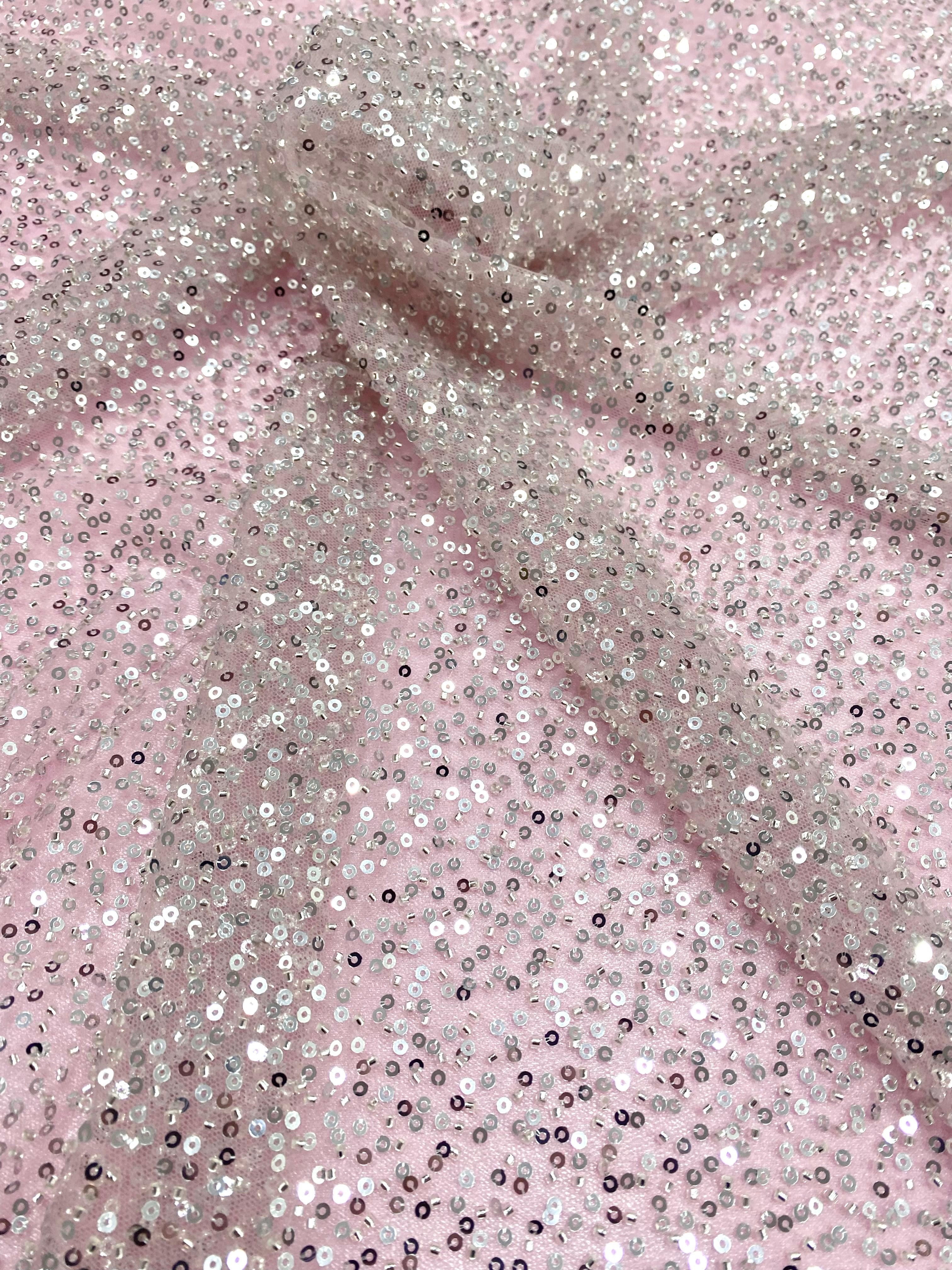 Silver Couture Lace on Pink Tulle with General Pattern, with Beads and Sequins