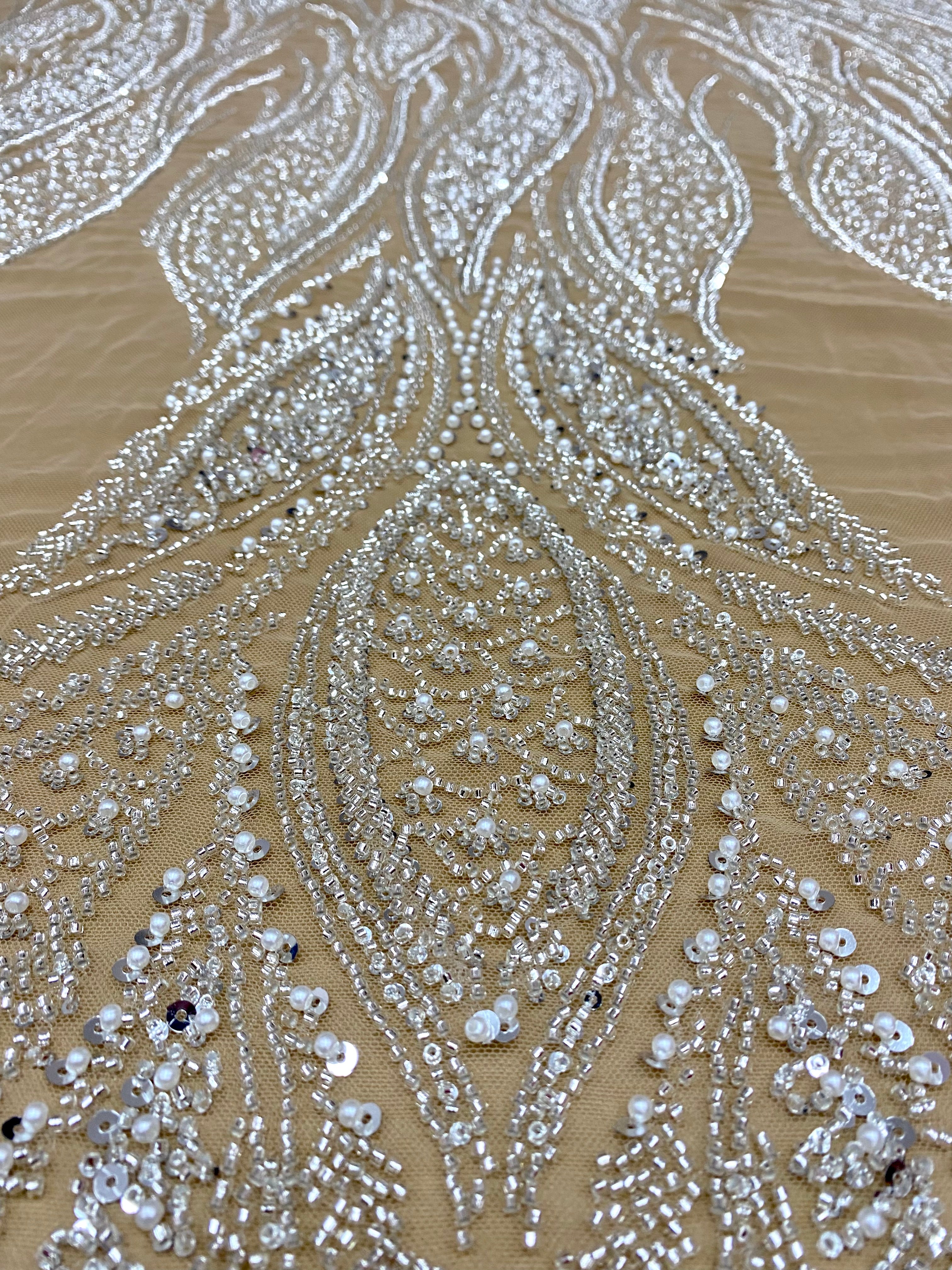 Silver Lace with Linear Pattern, with Pearls and Sequins