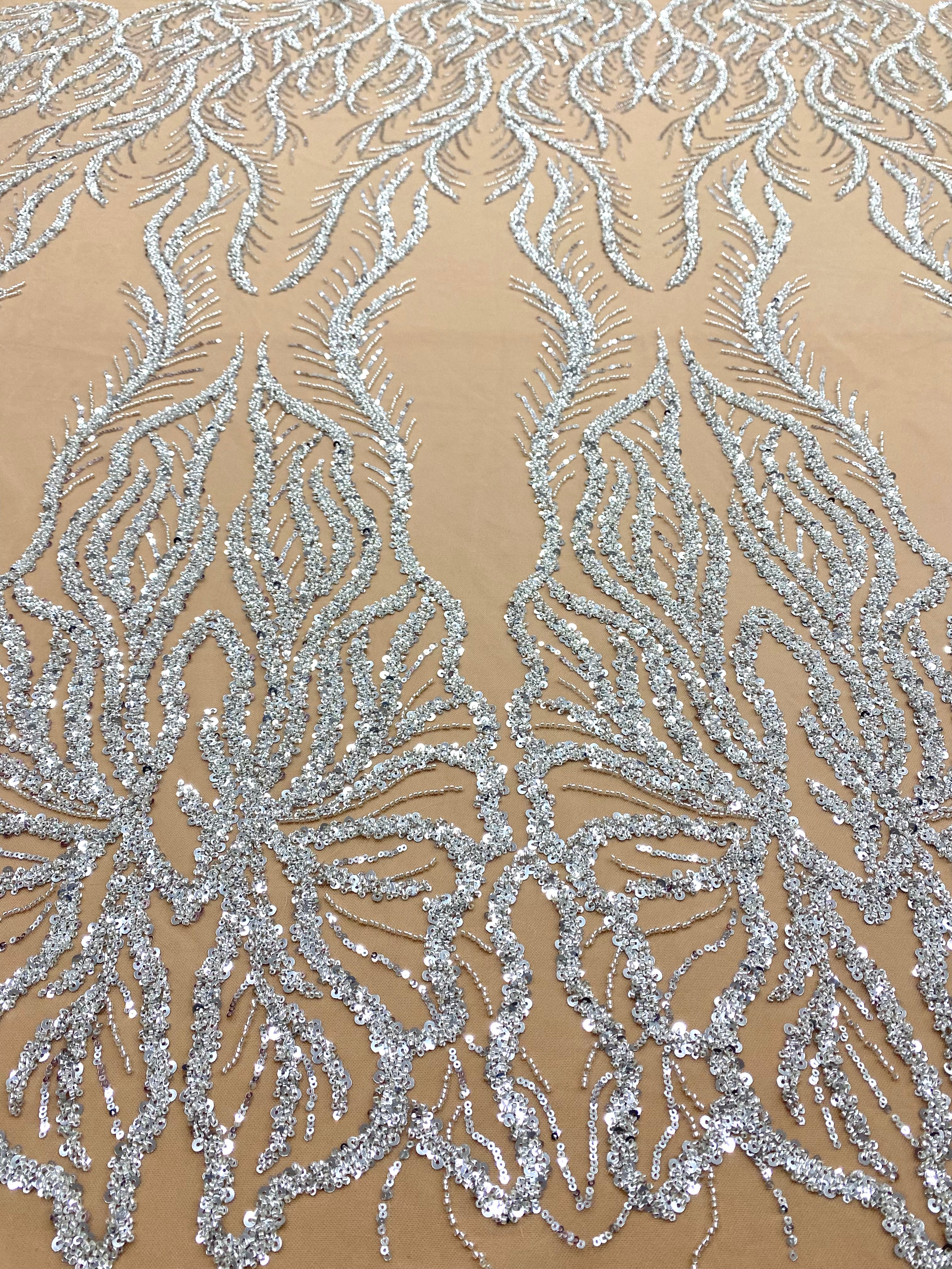 Silver Couture Lace on Nude Tulle with Panel, Beading and Sequins