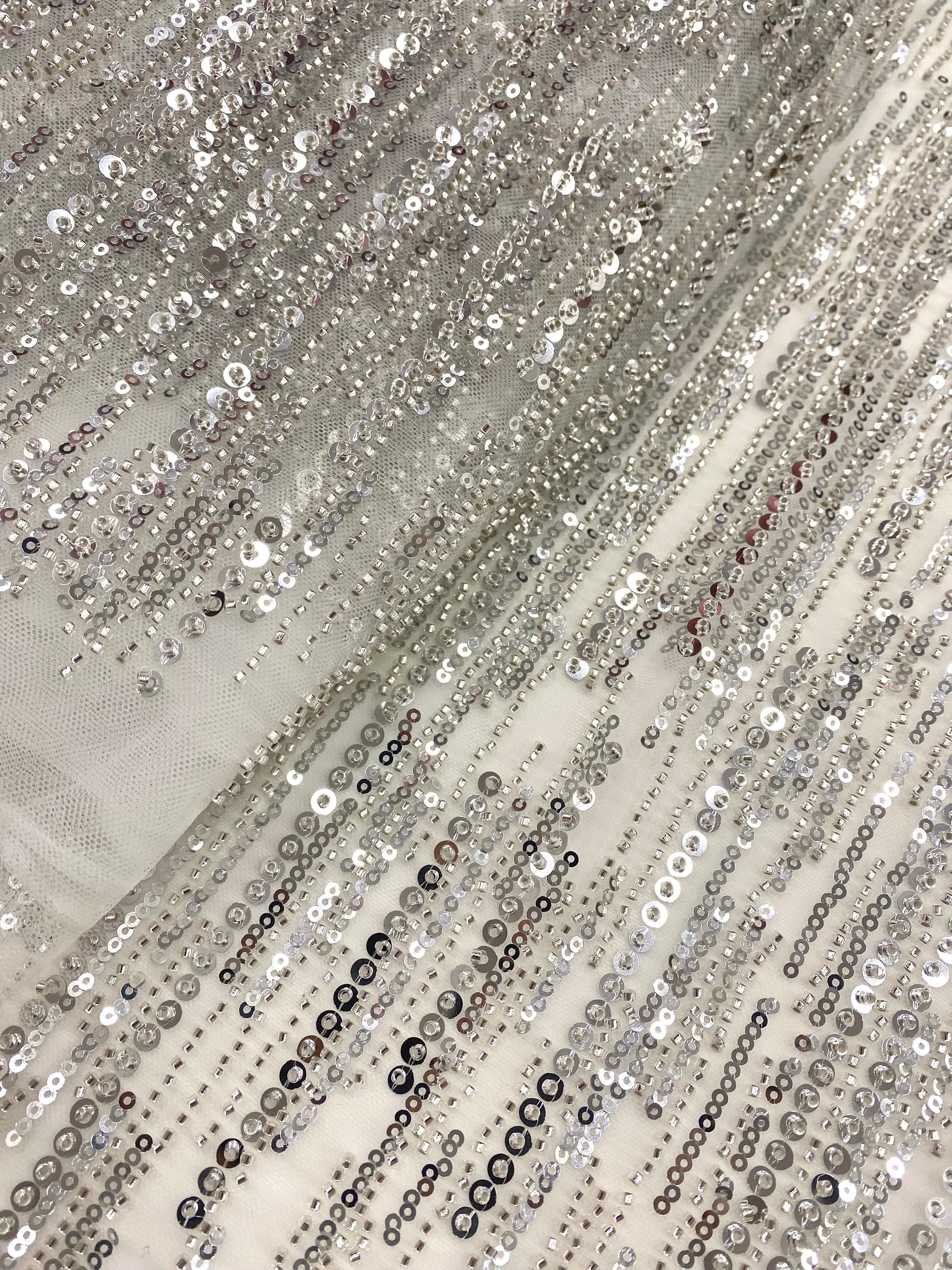 Silver Couture Lace on Ivory Tulle with Linear Pattern, with Beads and Sequins