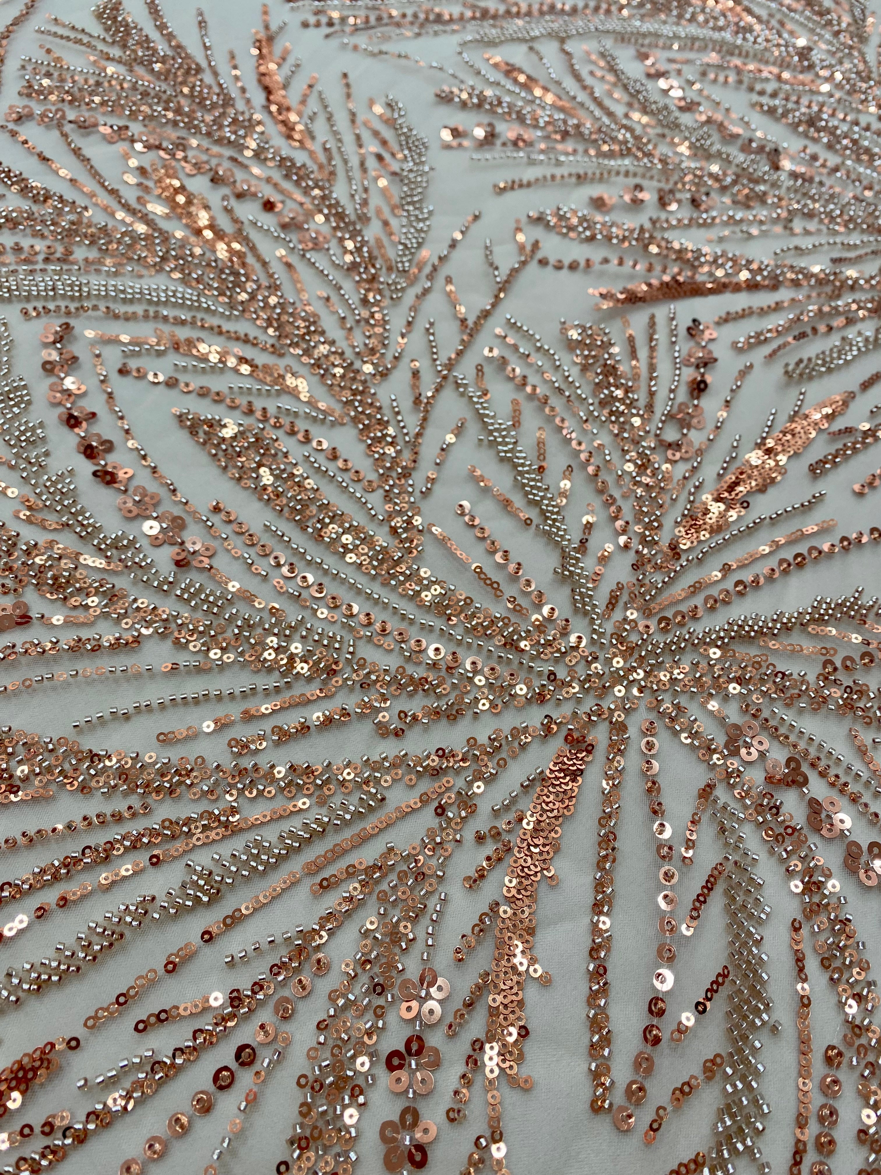 Rose Gold Couture Lace with Linear Pattern, Beads and Sequins