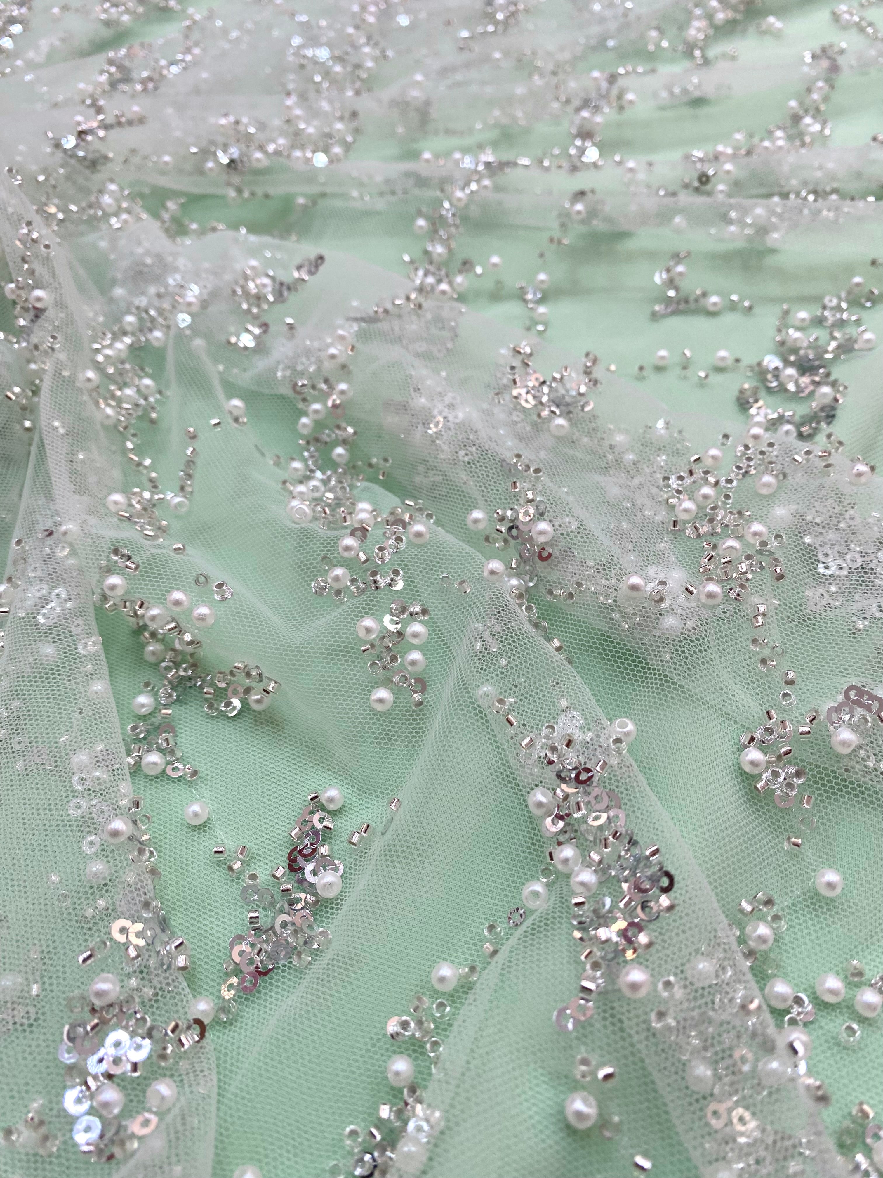 Silver Couture Lace on Mint Green Tulle with Pearls, Beads and Sequins