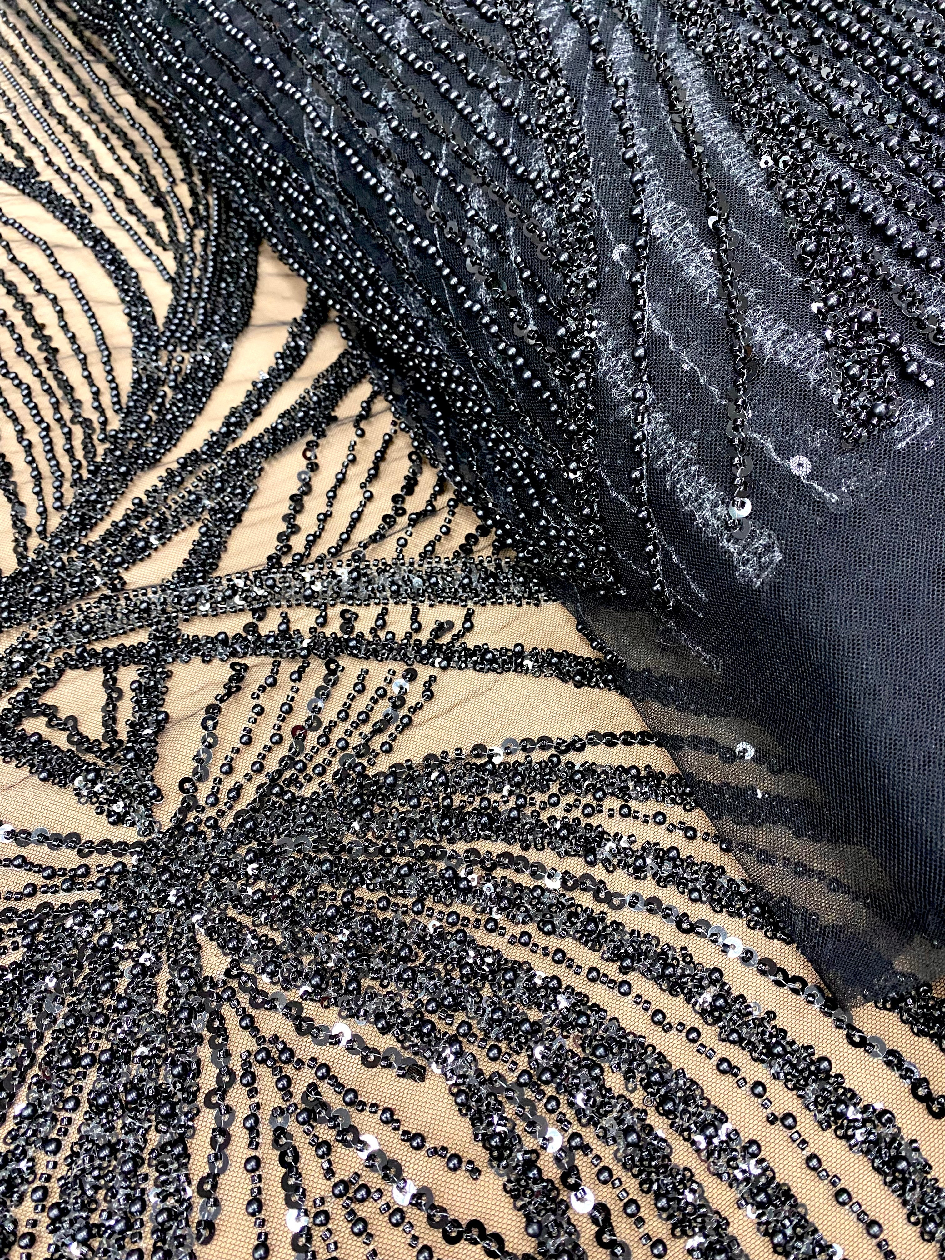 Black Couture Lace with Geometric Pattern, with Pearls, Beads and Sequins