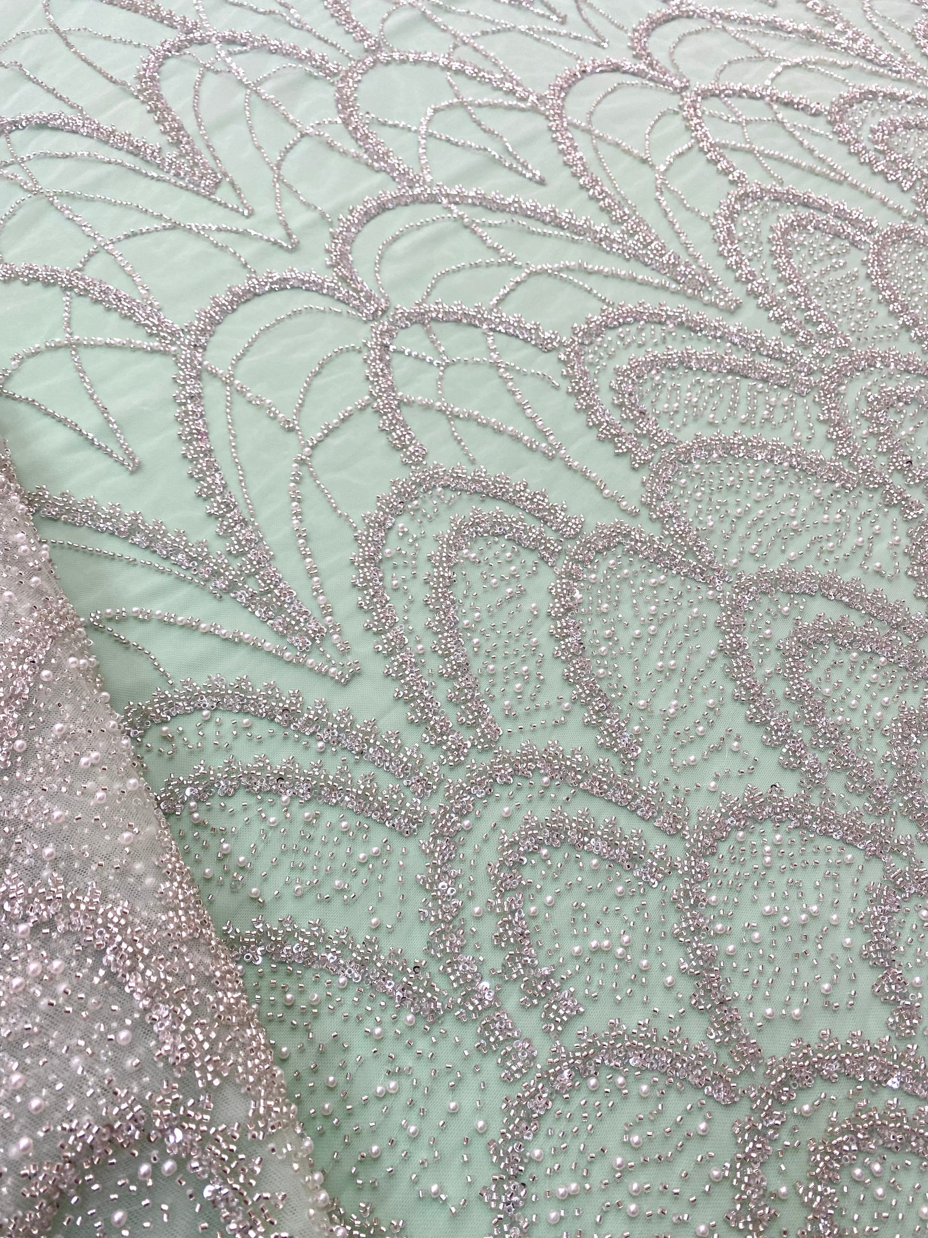 Silver Couture Lace on Mint Green Tulle with Geometric Pattern, with Pearls, Beads and Sequins