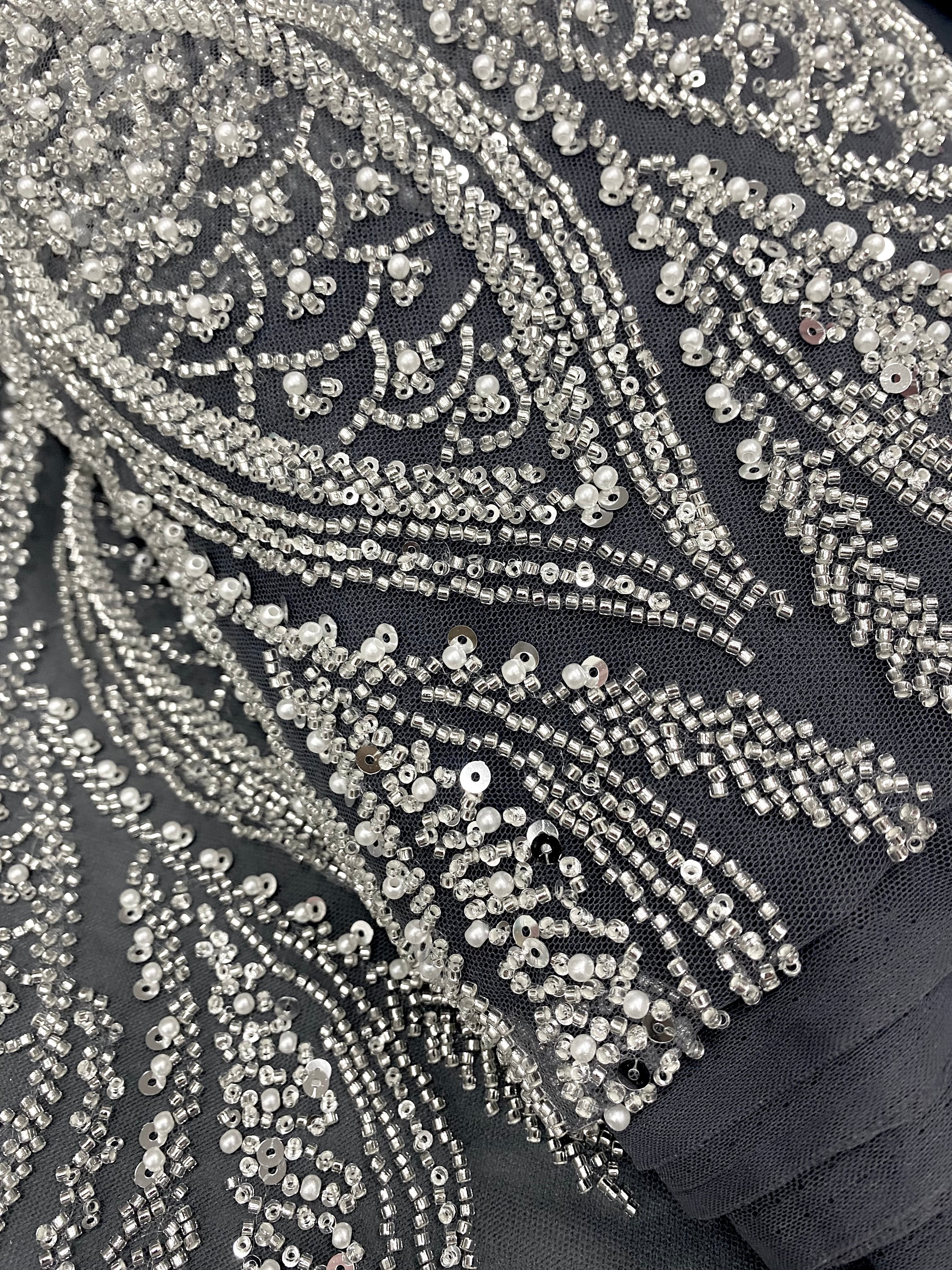 Silver Couture Lace on Anthracite Tulle with Panel, with Pearls, Beads and Sequins