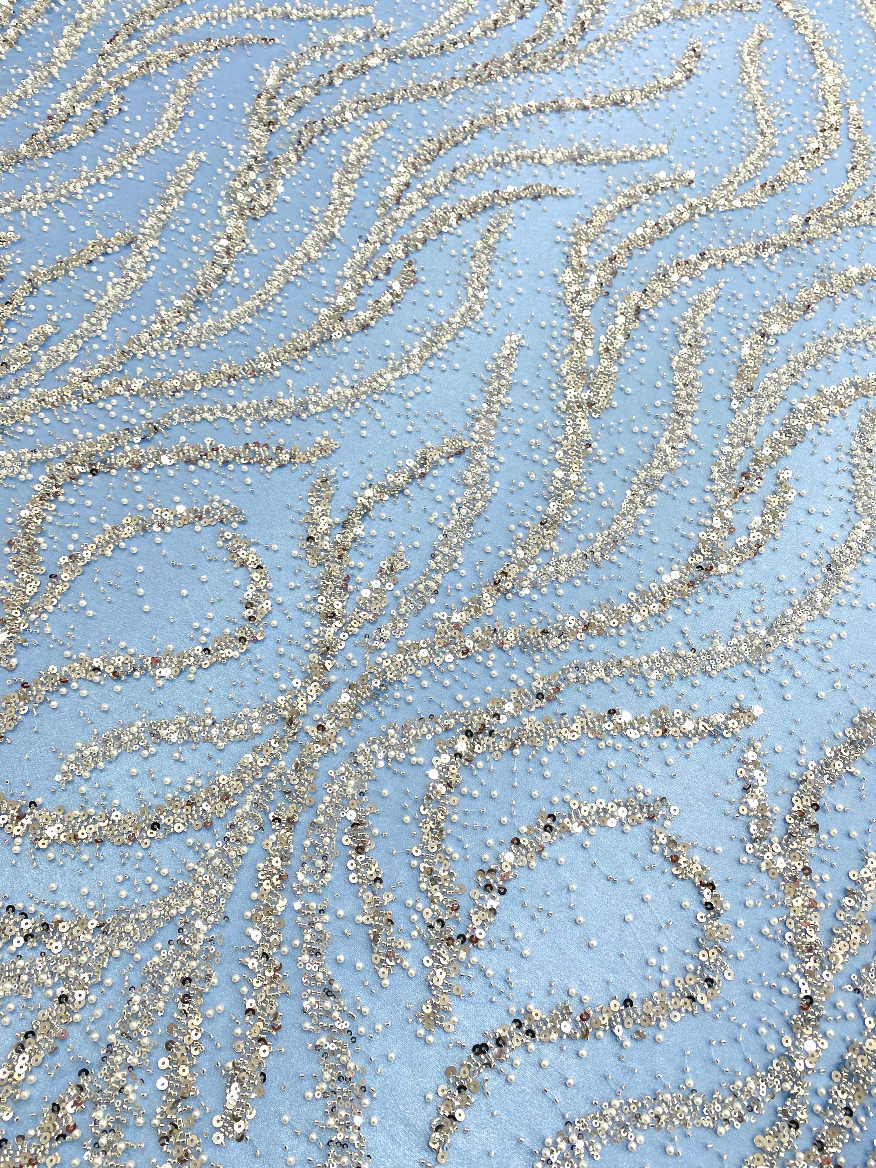 Silver Couture Lace on Blue Tulle with Pearls, Beads and Sequins 