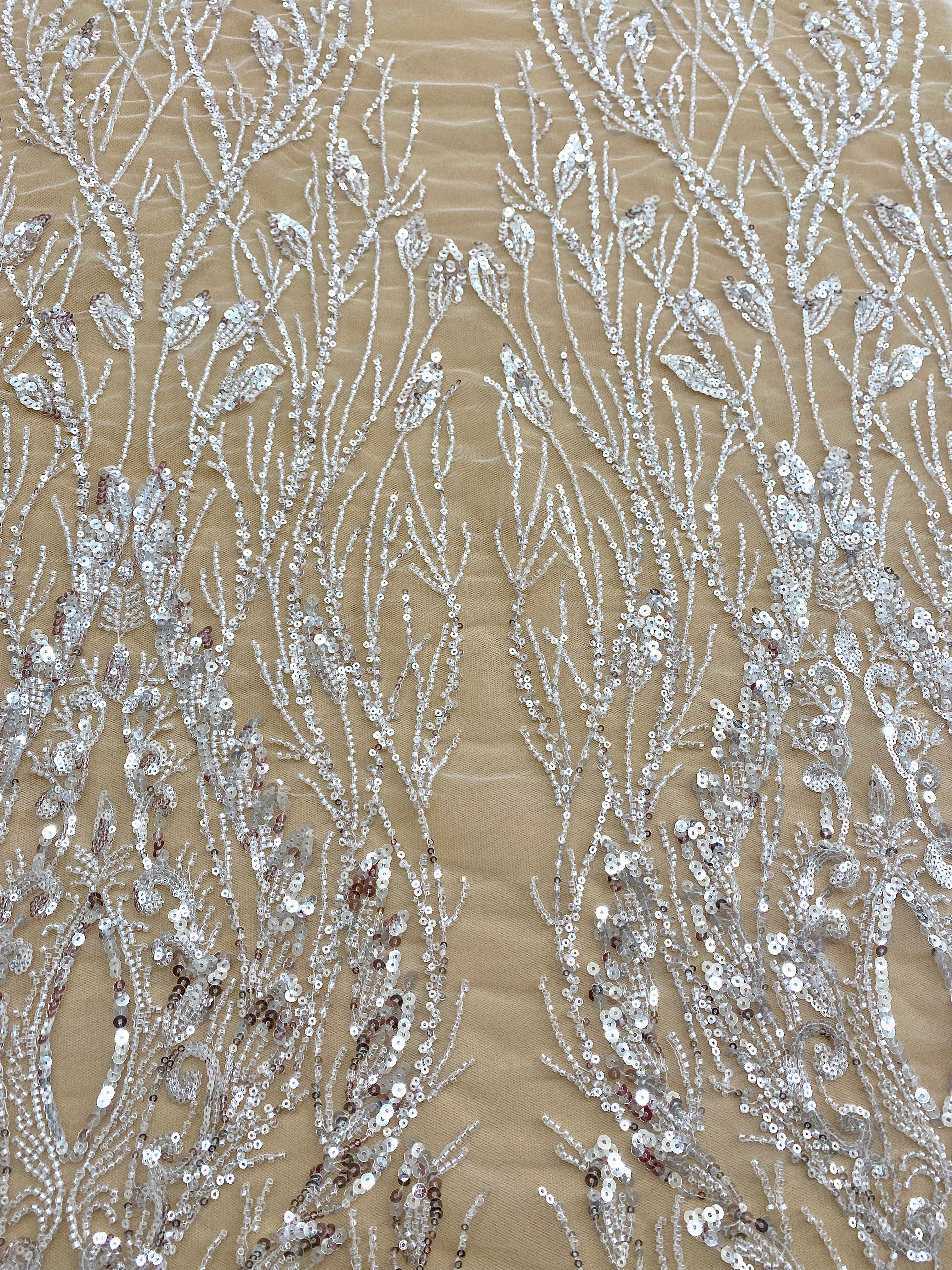 Silver Lace with Linear Pattern, with Pearls and Sequins